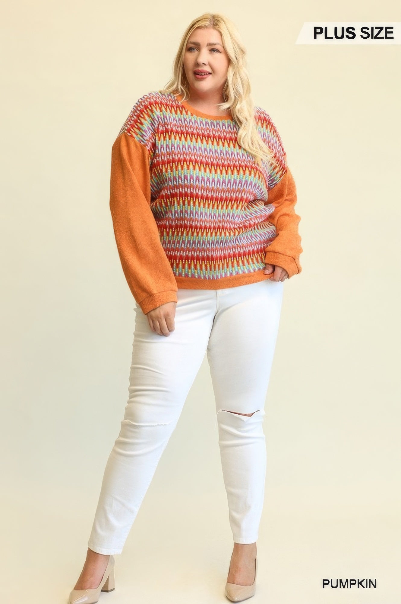 Plus Size Women Novelty Knit And Solid Knit Mixed Loose Top With Drop Down Shoulder NicholesGifts