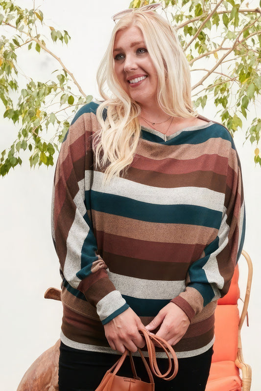 Boat Neck Long Bubble Sleeve Multi Stripe Print Knit Top NicholesGifts