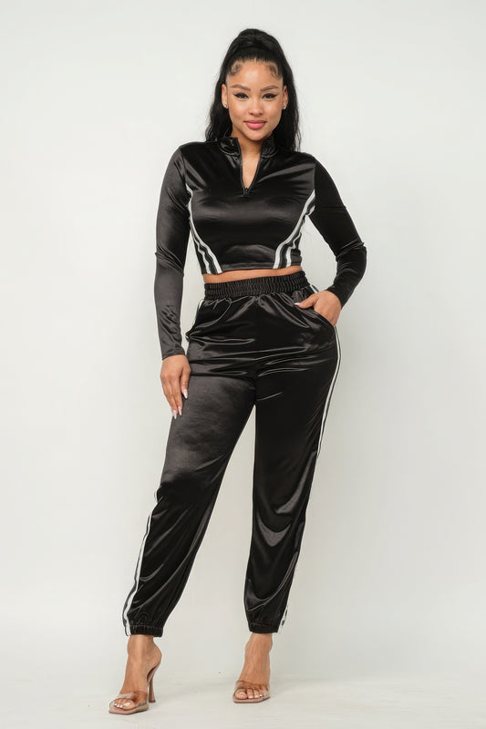 Women Front Zip Up Stripes Detail Jacket And Pants Set