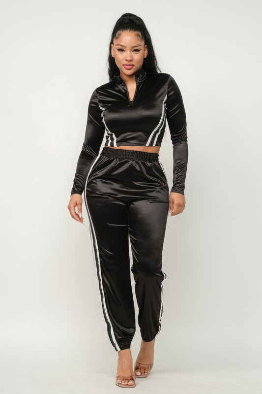 Women Front Zip Up Stripes Detail Jacket And Pants Set