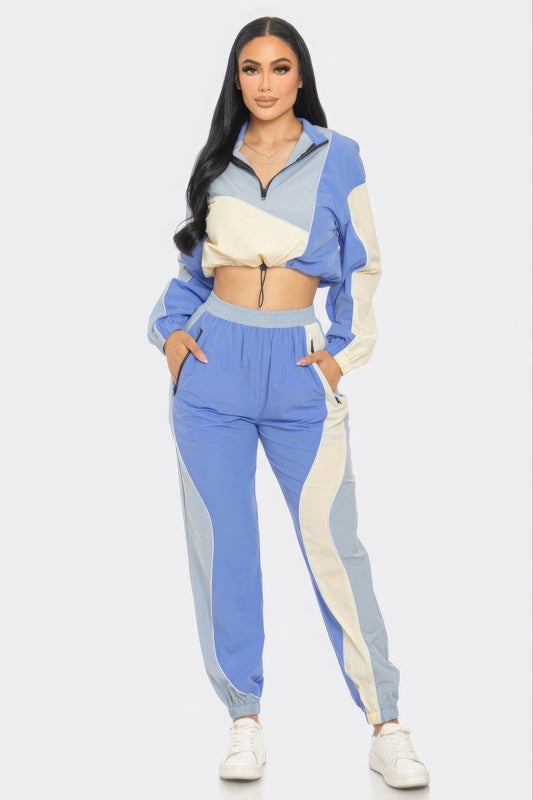 Women Colorblock Cargo Jogger Set