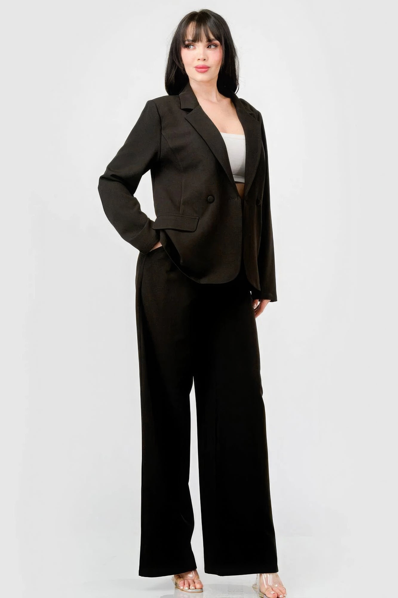 Women Luxe Stretch Woven Loose Fit Blazer And Wide Legs Pants Semi Formal Set NicholesGifts