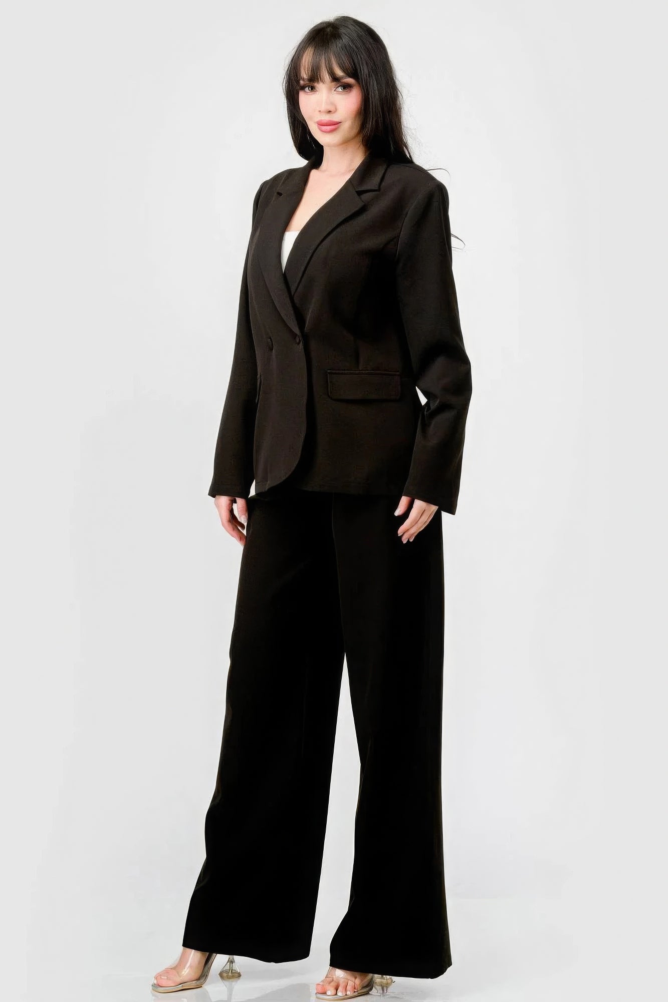 Women Luxe Stretch Woven Loose Fit Blazer And Wide Legs Pants Semi Formal Set NicholesGifts