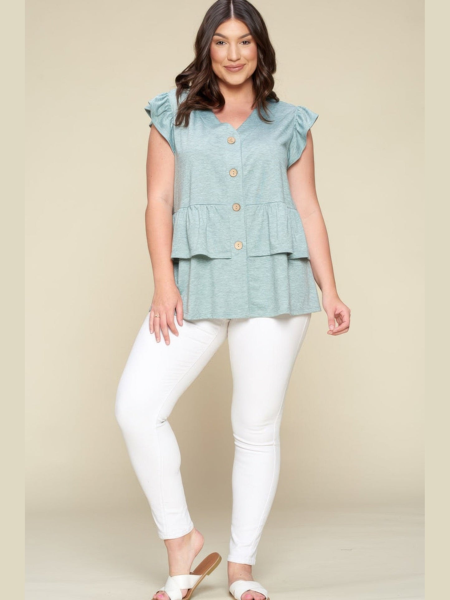 Plus Size Women Solid Button Flutter Sleeve Top