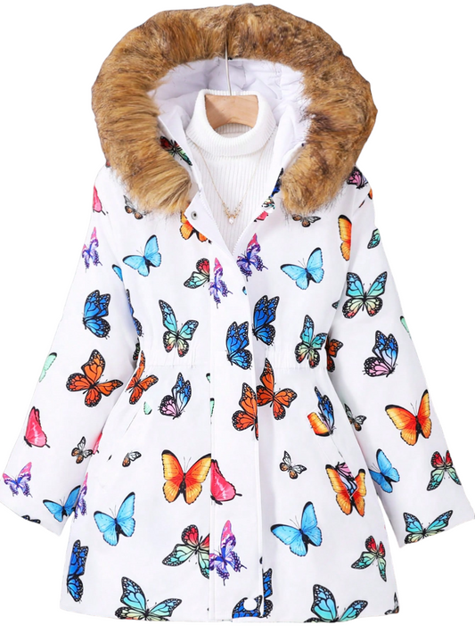 Girls Butterfly Print Fuzzy Trim Hooded Winter Coat Without Sweater