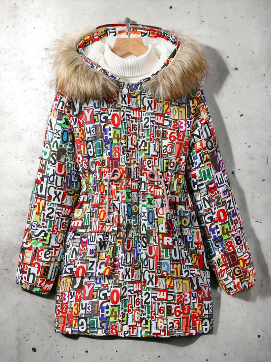 Girls Letter Printed Coat With Fur Collar And Hood