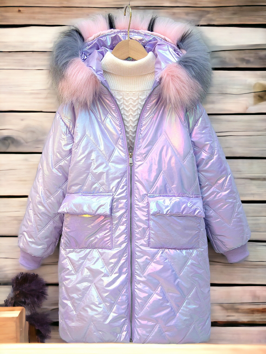 Girls Fuzzy Trim Hooded Holographic Puffer Coat
