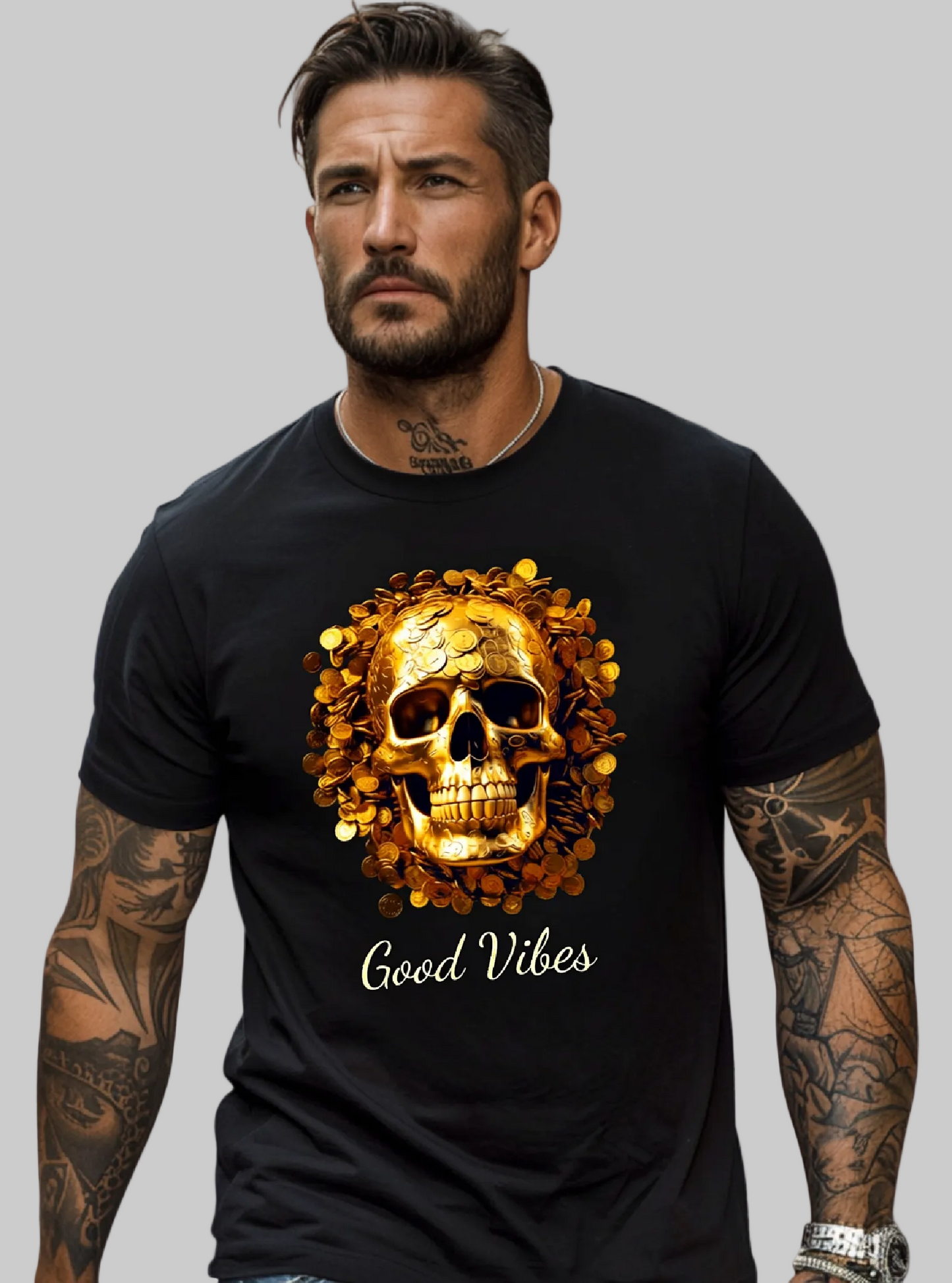 Men Smiling Skeleton Good Vibes Crewneck T-Shirt