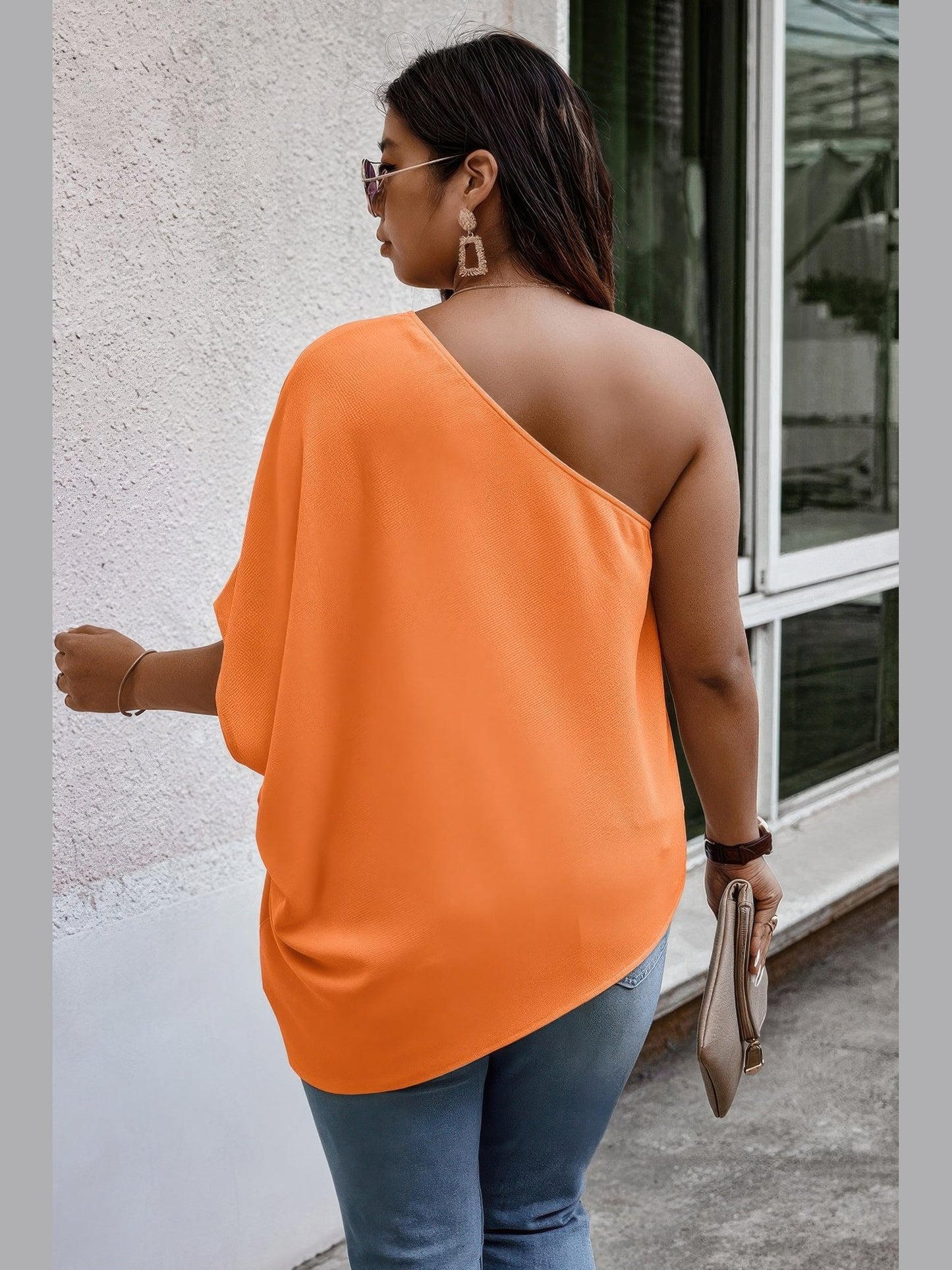 Plus Size Women One Shoulder Solid Casual Loose Fit Shirt