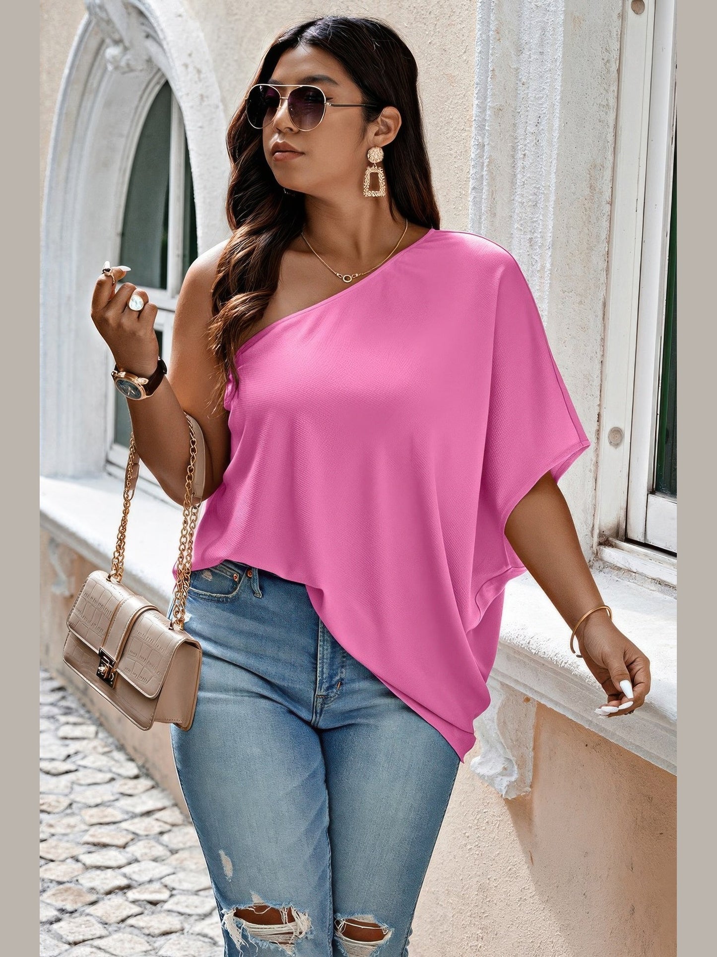 Plus Size Women One Shoulder Solid Casual Loose Fit Shirt