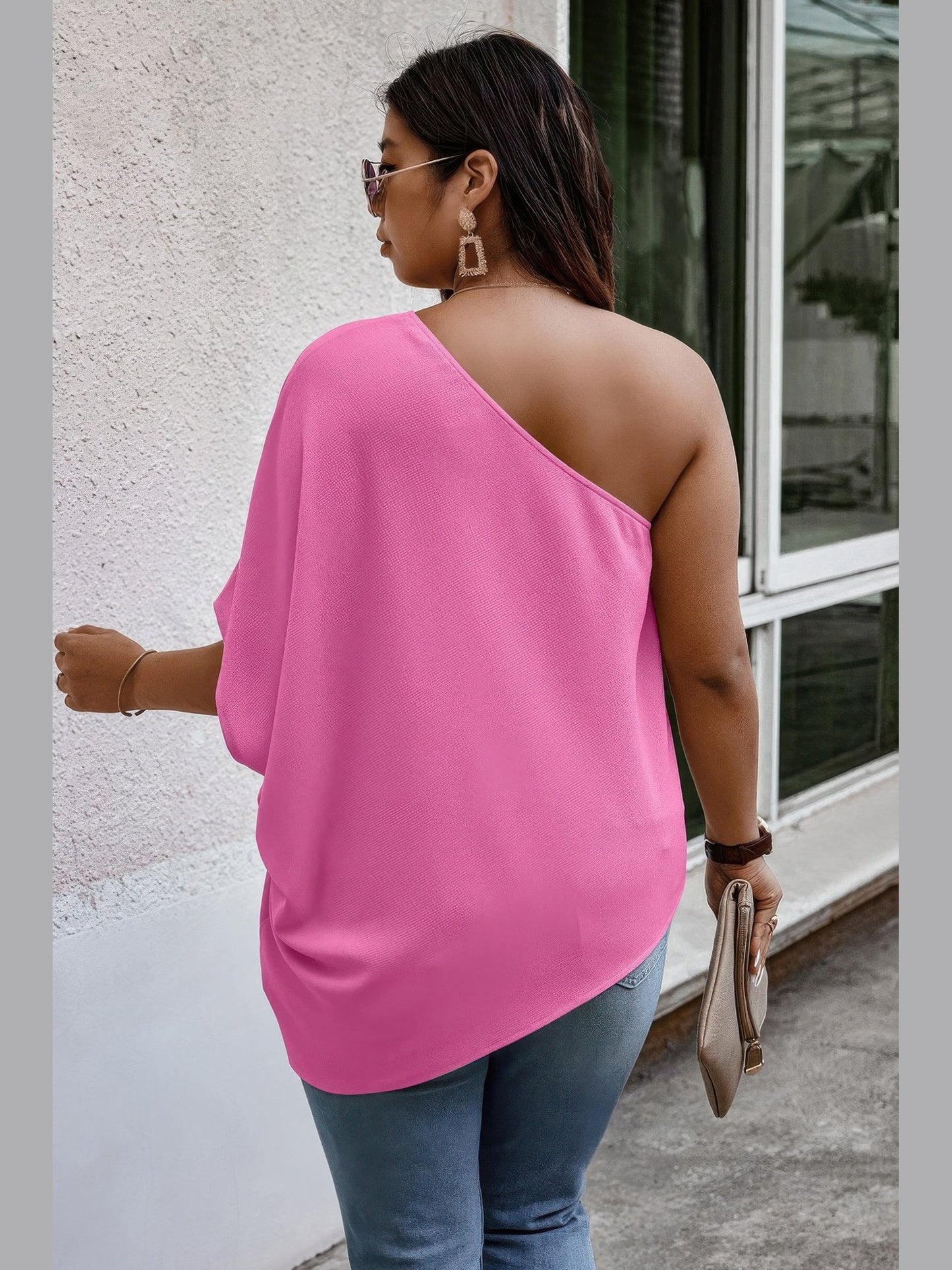 Plus Size Women One Shoulder Solid Casual Loose Fit Shirt