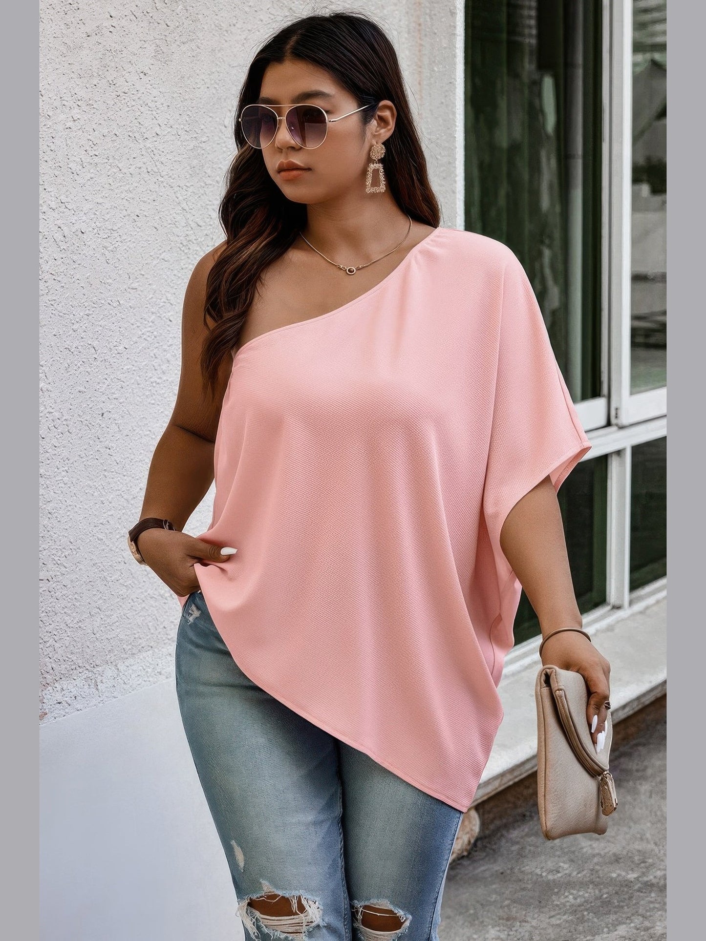 Plus Size Women One Shoulder Solid Casual Loose Fit Shirt