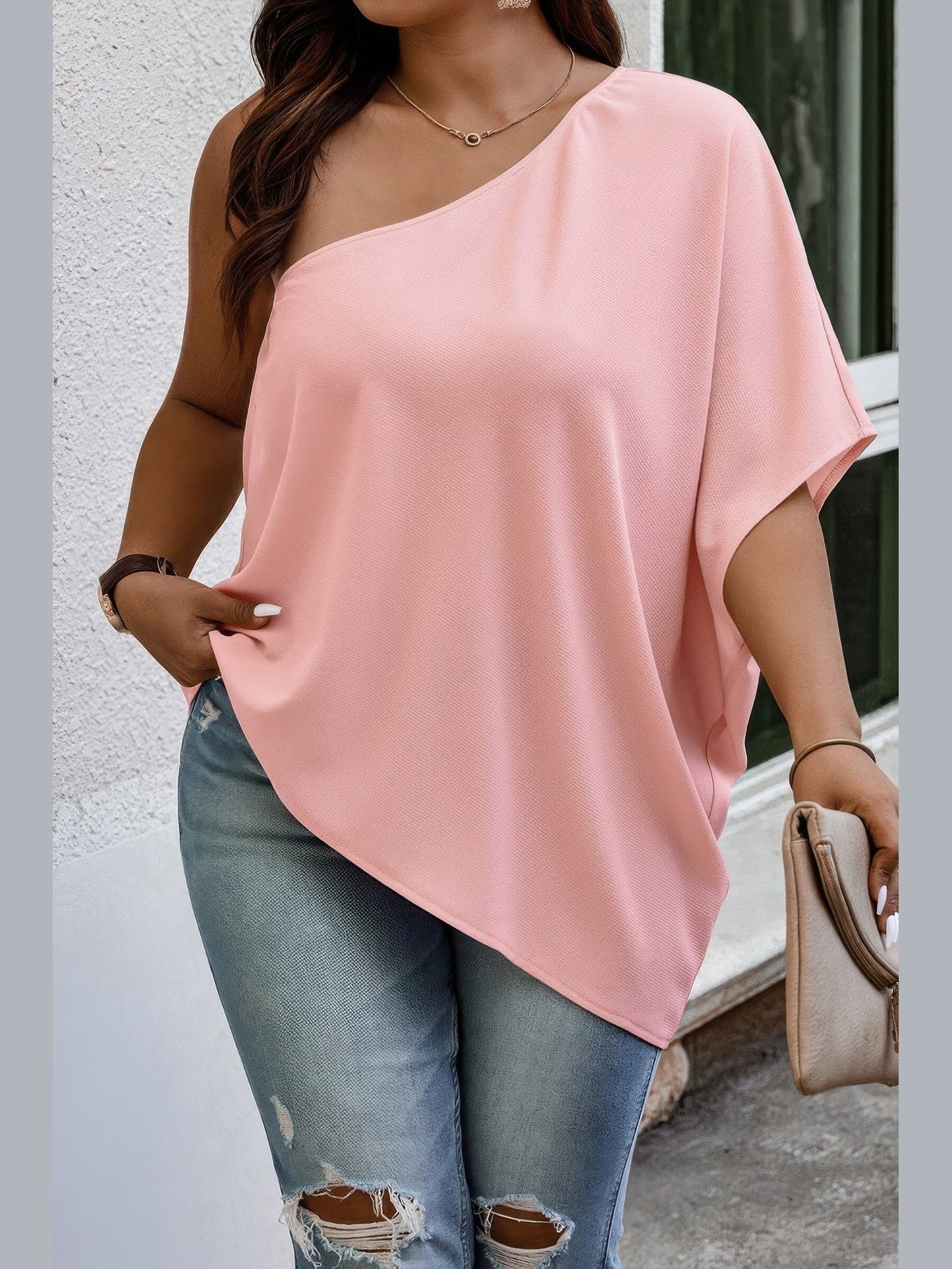 Plus Size Women One Shoulder Solid Casual Loose Fit Shirt
