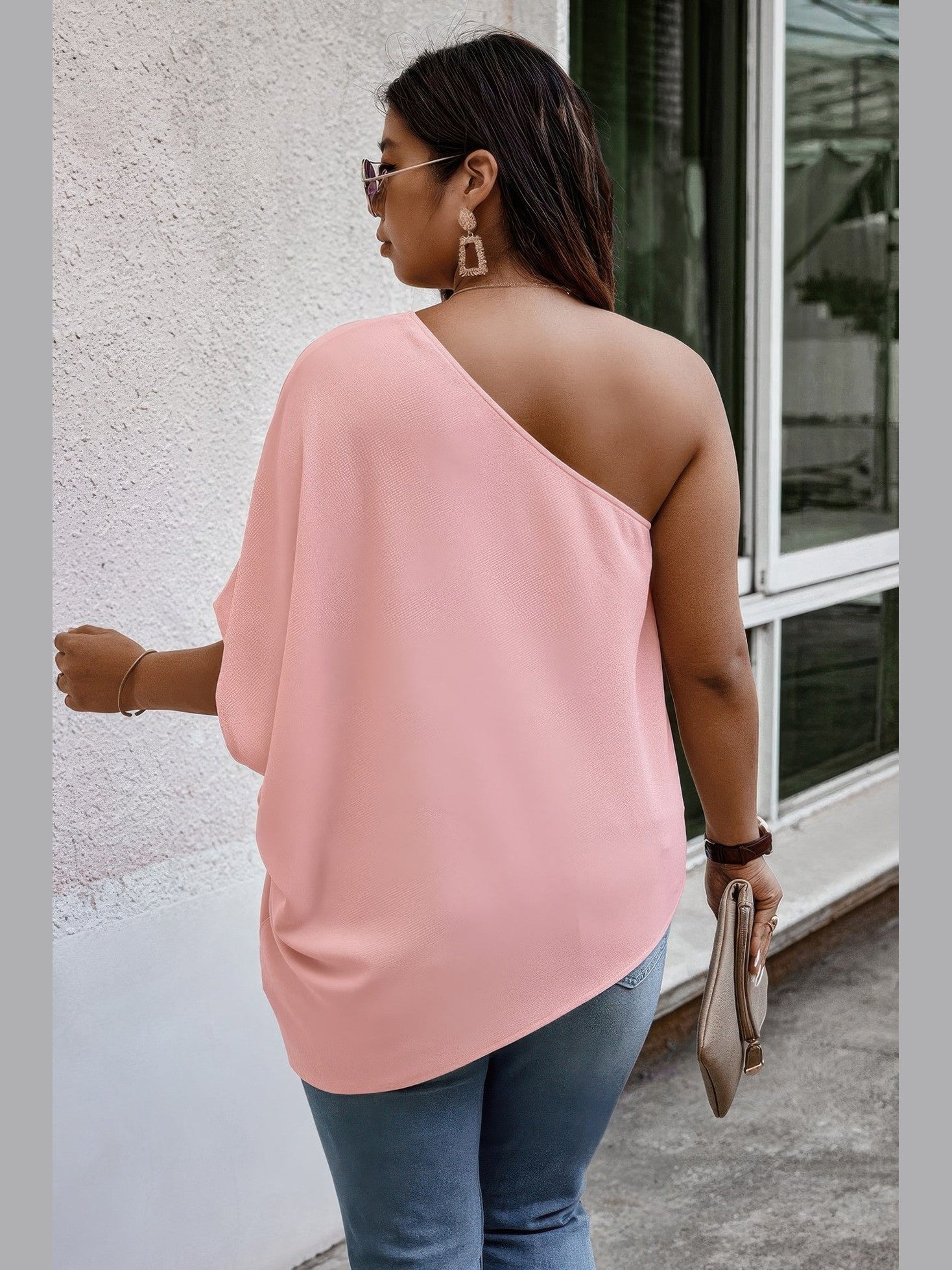 Plus Size Women One Shoulder Solid Casual Loose Fit Shirt