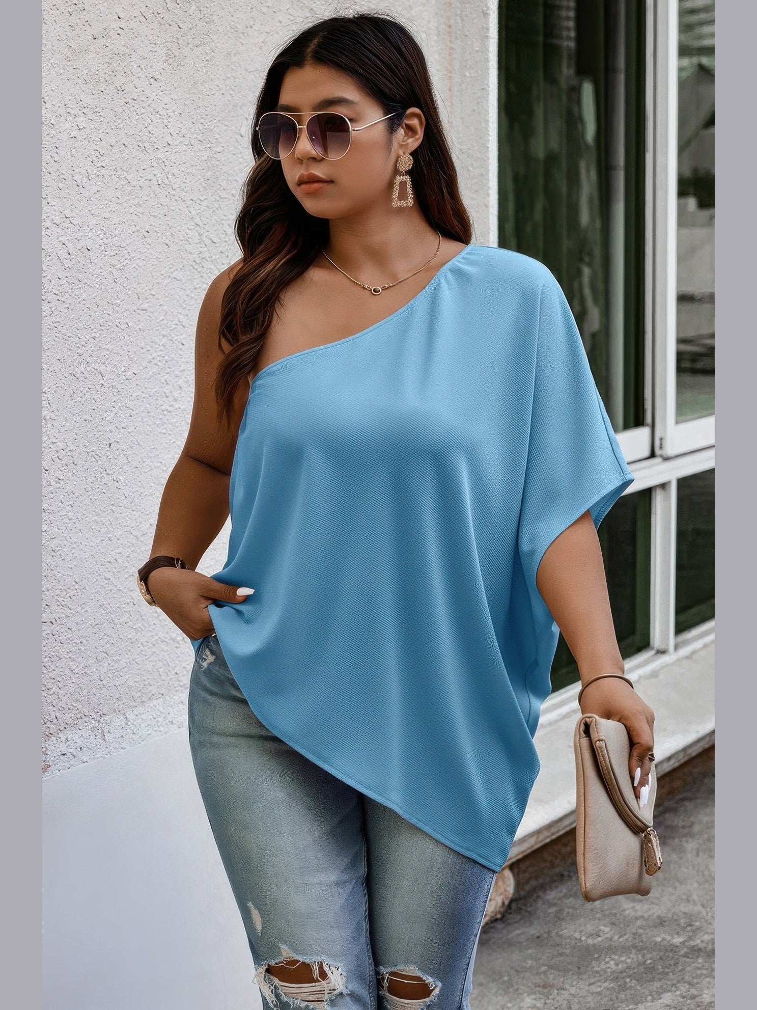 Plus Size Women One Shoulder Solid Casual Loose Fit Shirt