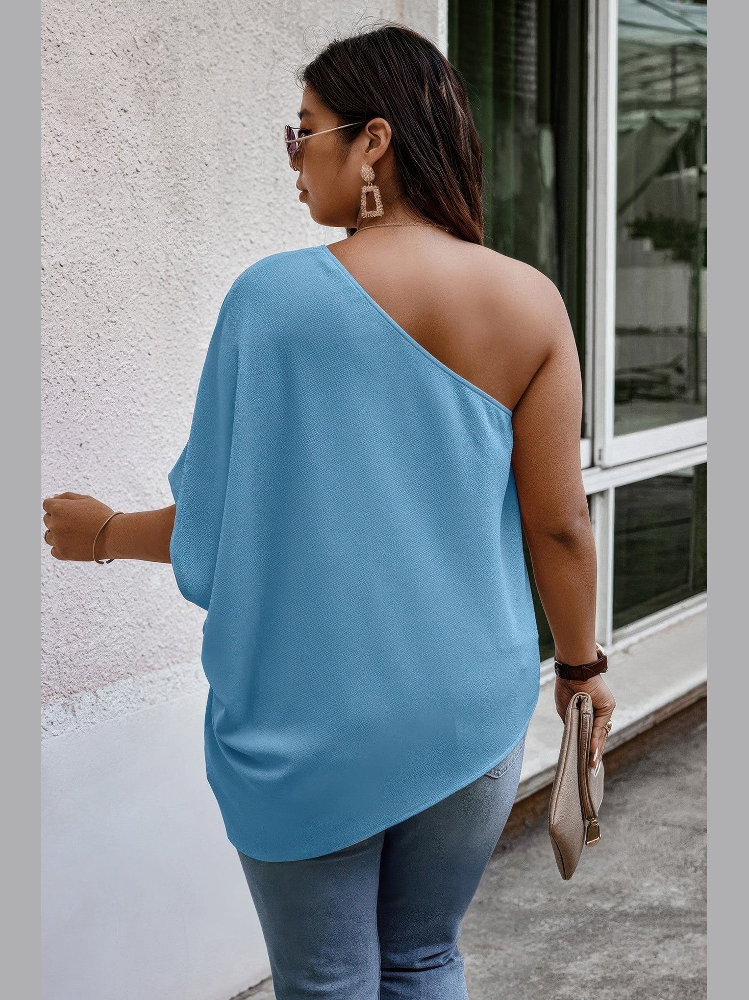 Plus Size Women One Shoulder Solid Casual Loose Fit Shirt