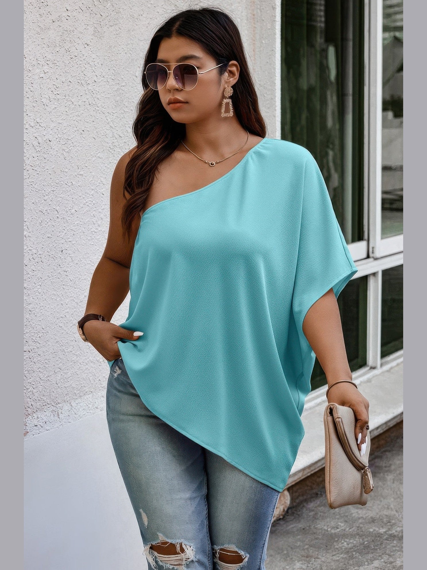 Plus Size Women One Shoulder Solid Casual Loose Fit Shirt