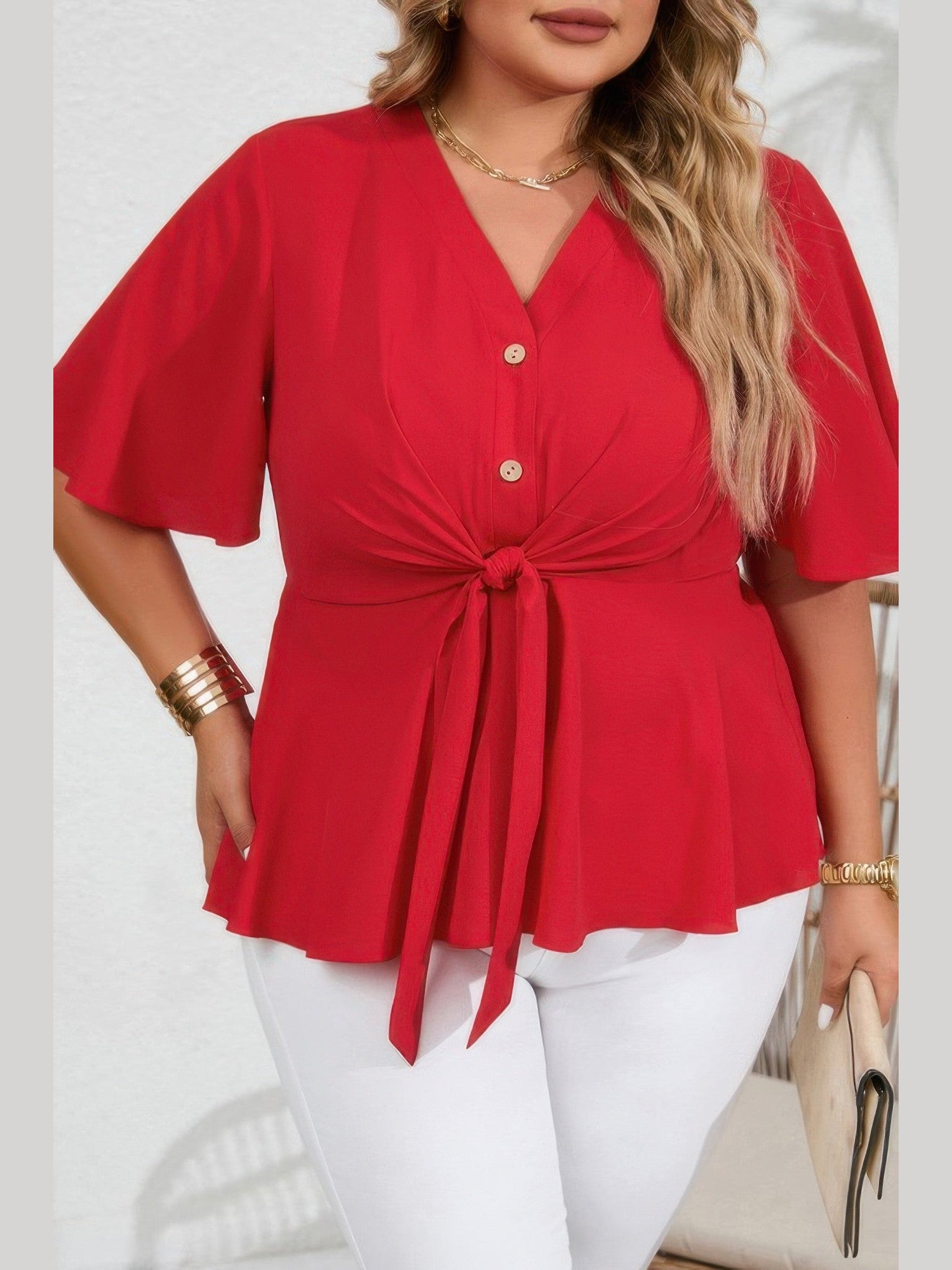 Plus Size Women Solid Butterfly Sleeve Knot Front Peplum Shirt