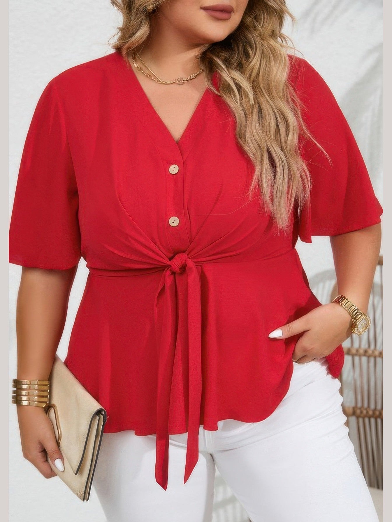 Plus Size Women Solid Butterfly Sleeve Knot Front Peplum Shirt
