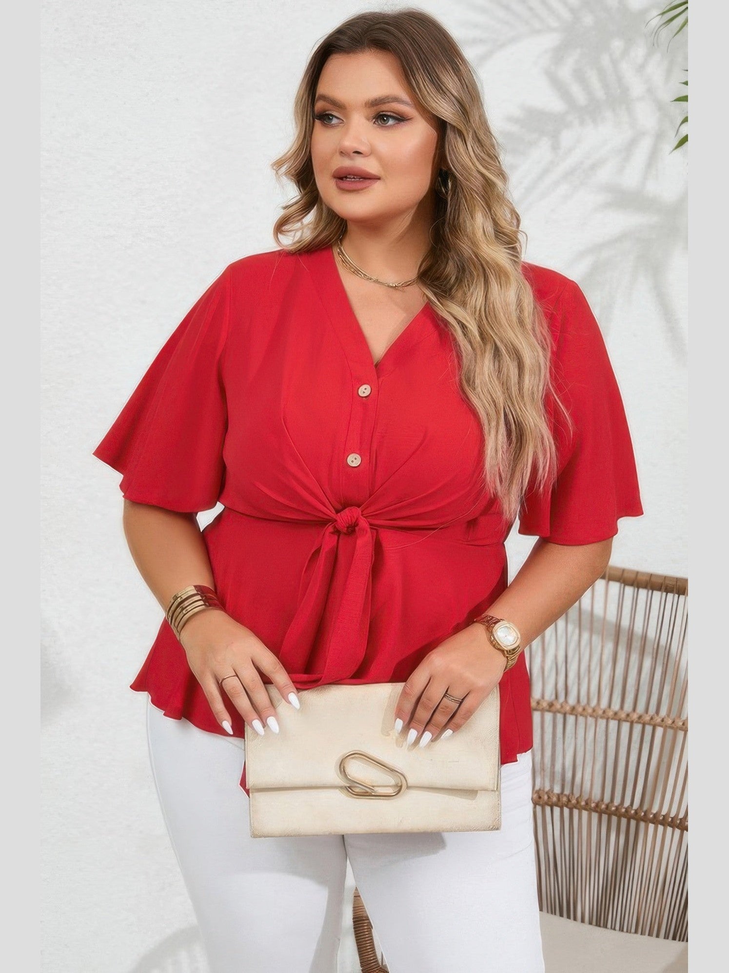 Plus Size Women Solid Butterfly Sleeve Knot Front Peplum Shirt