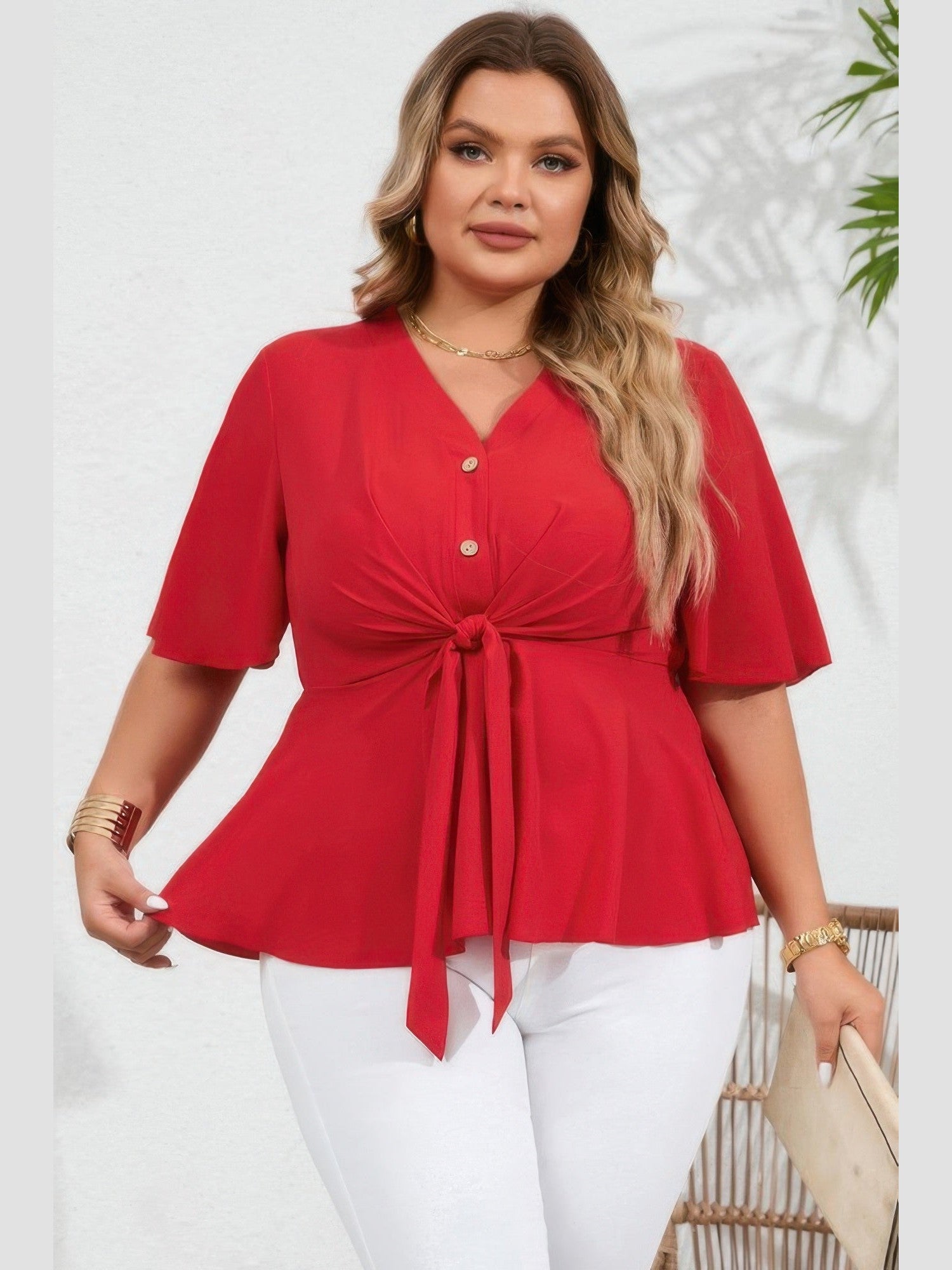 Plus Size Women Solid Butterfly Sleeve Knot Front Peplum Shirt