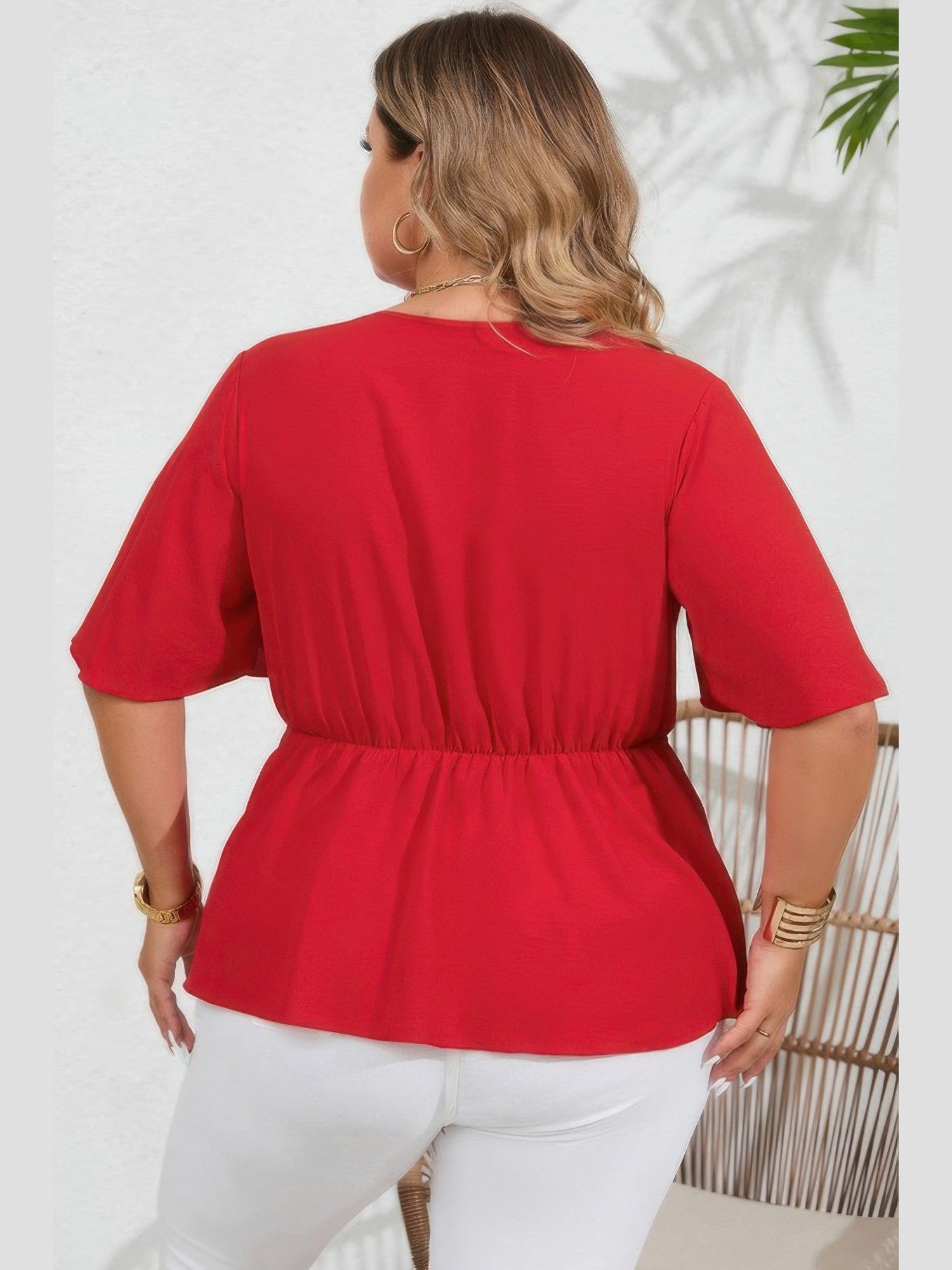 Plus Size Women Solid Butterfly Sleeve Knot Front Peplum Shirt
