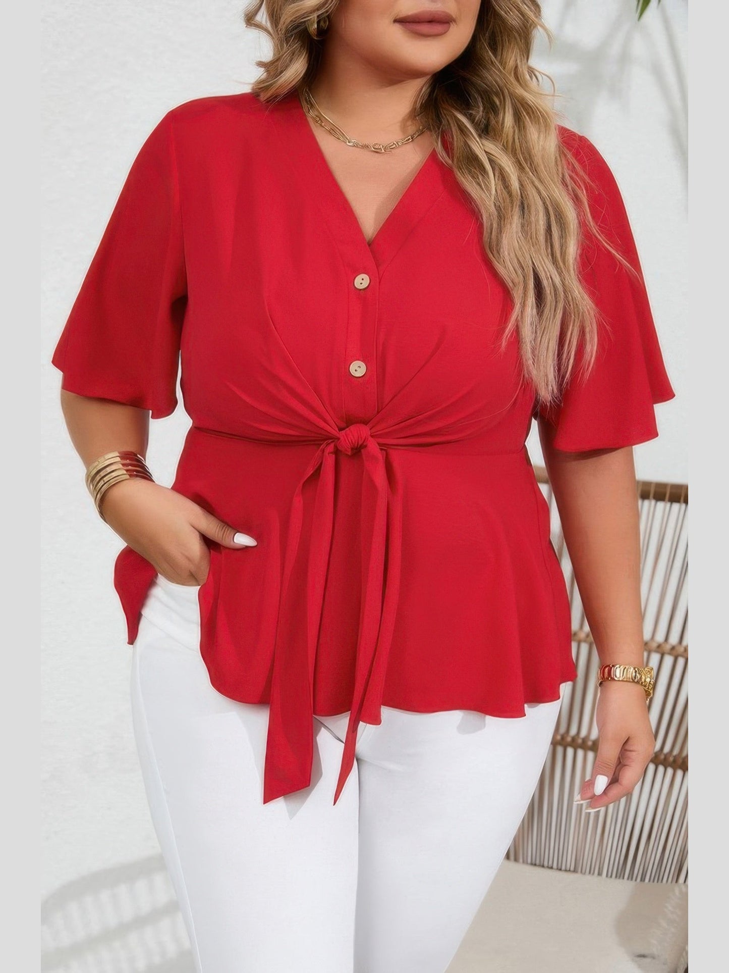Plus Size Women Solid Butterfly Sleeve Knot Front Peplum Shirt