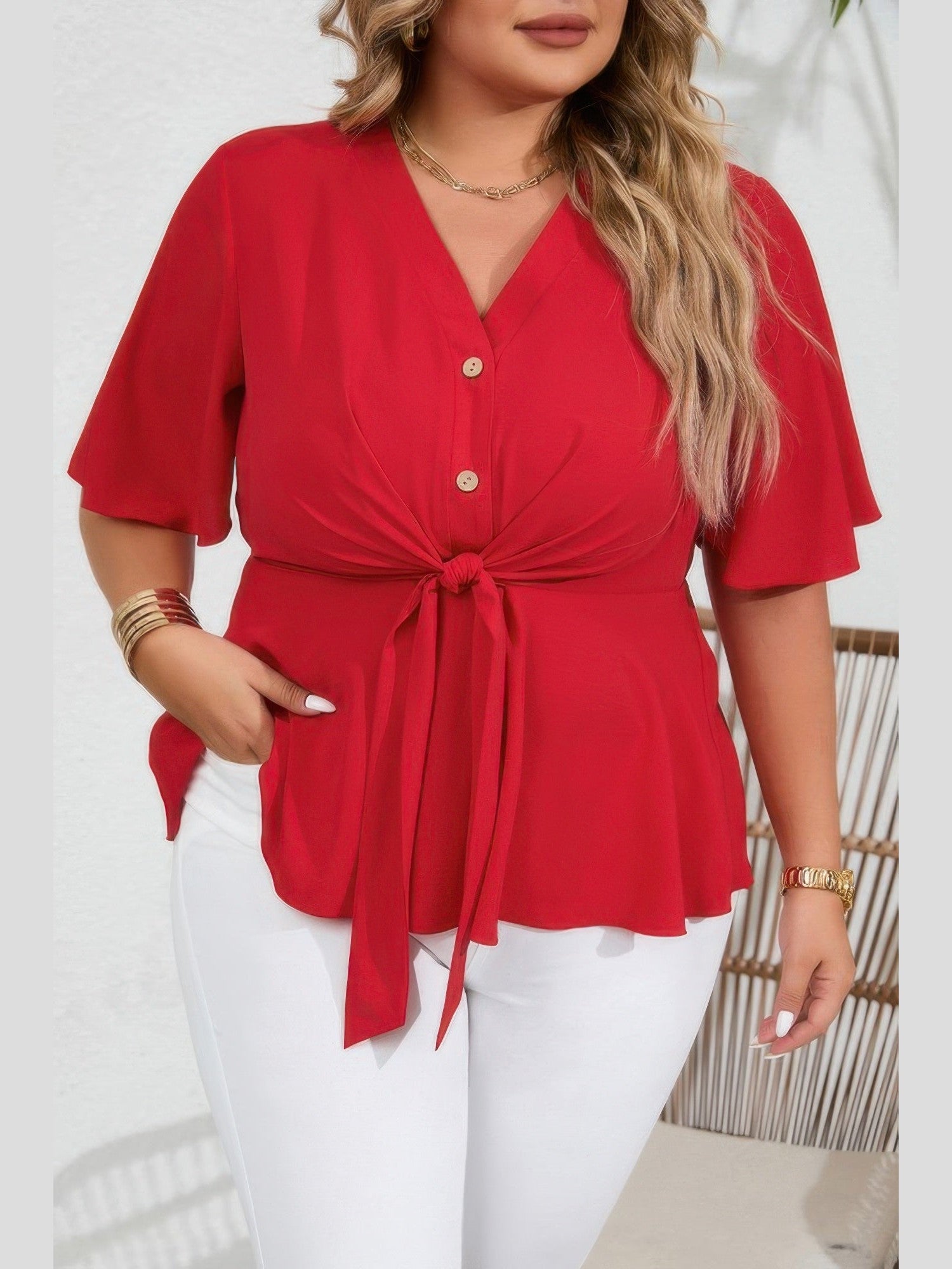 Plus Size Women Solid Butterfly Sleeve Knot Front Peplum Shirt