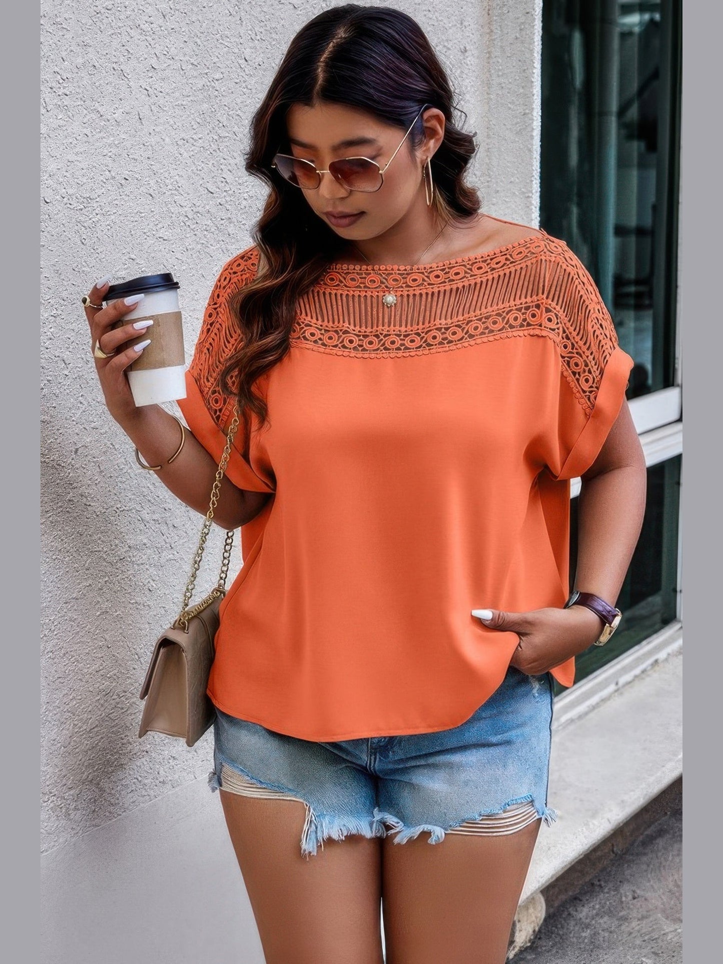 Plus Size Women Lace Plus Pattern Printed Batwing Sleeve Blouse