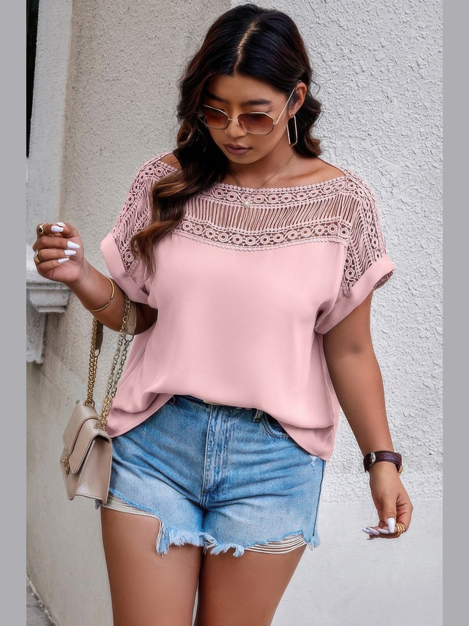 Plus Size Women Lace Plus Pattern Printed Batwing Sleeve Blouse