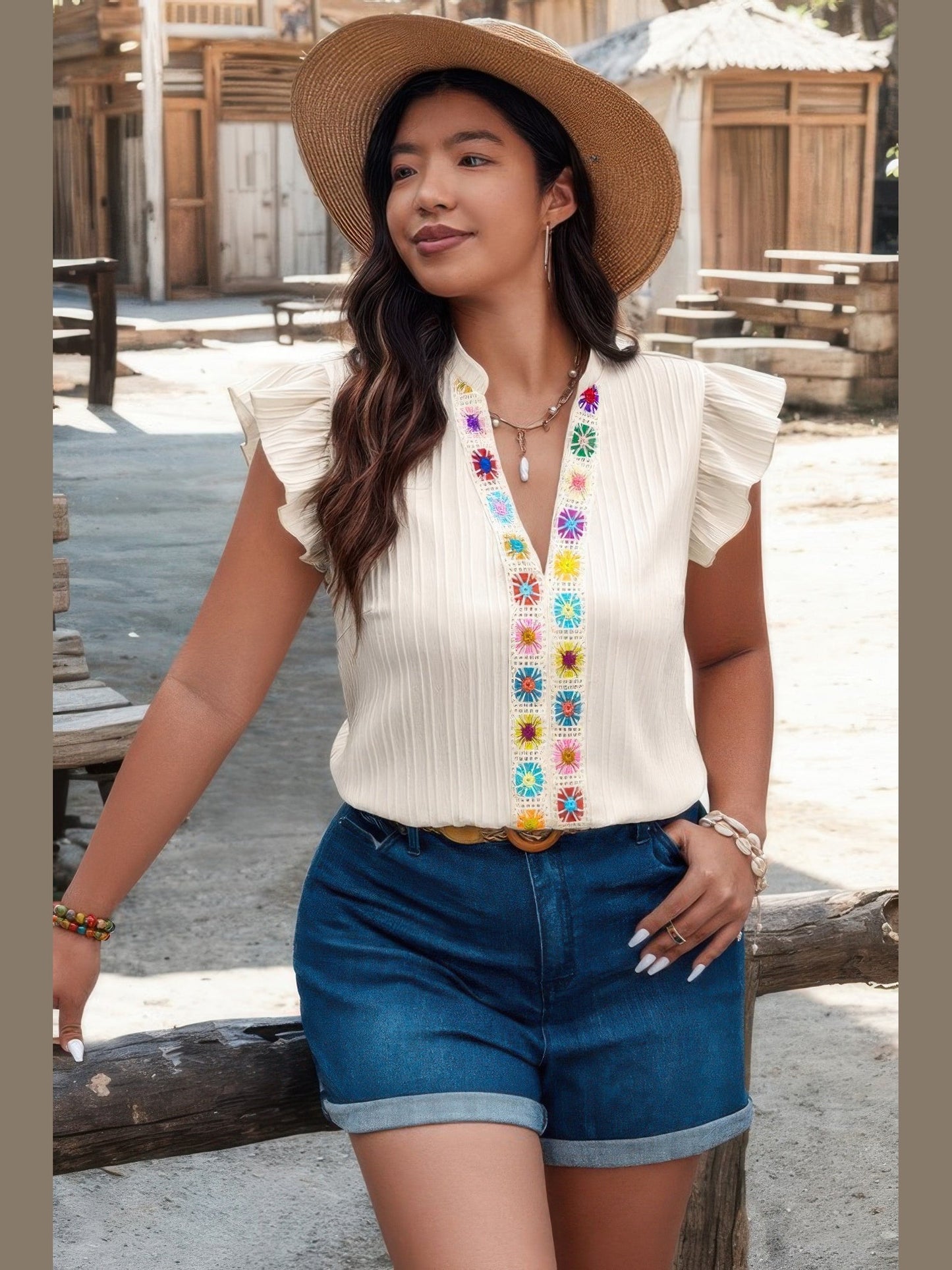 Plus Size Women Pleated Print V Neck Ruffle Fit Shirt