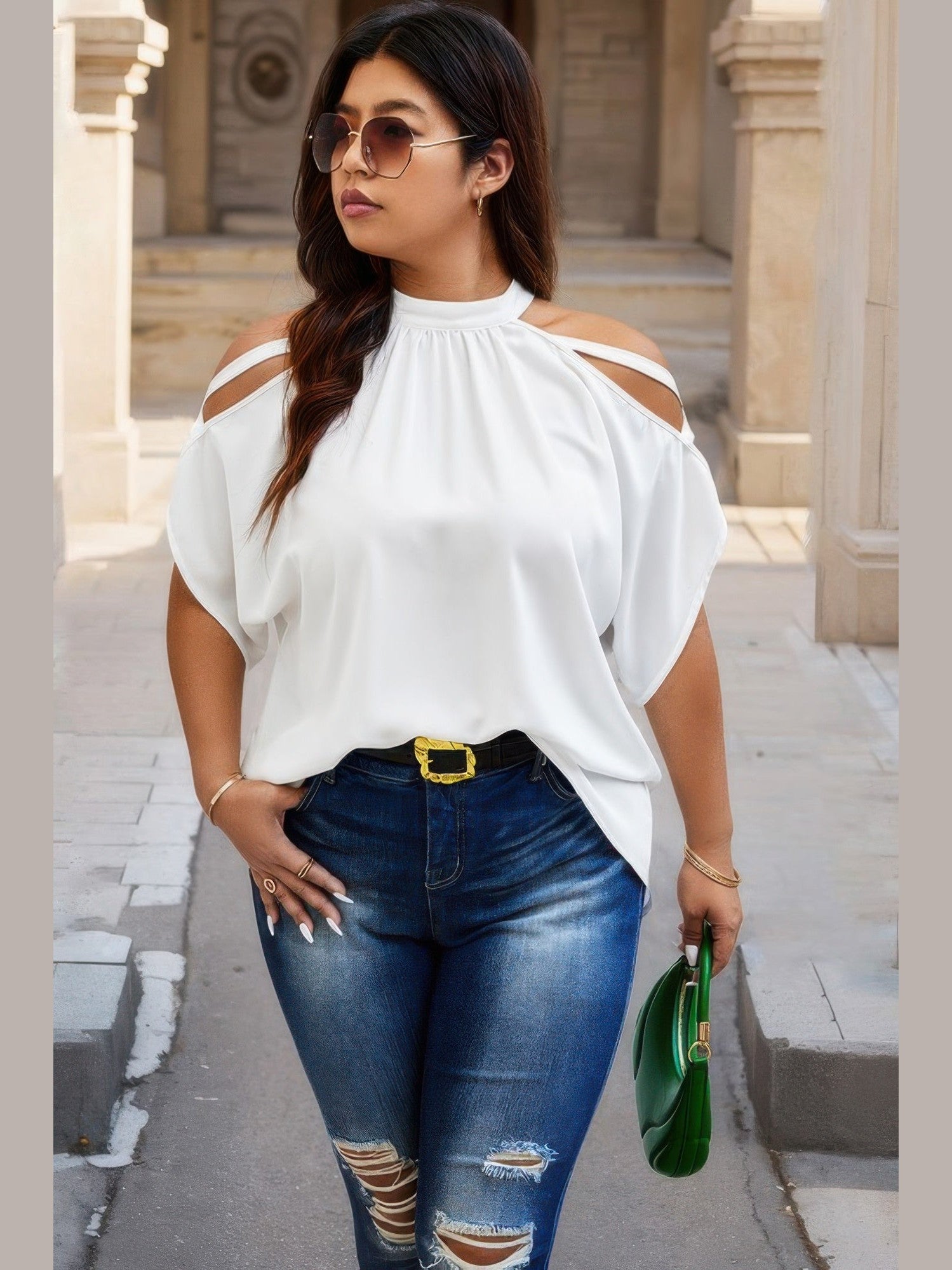Plus Size Women Halter Open Shoulder Bat Sleeves Loose Top NicholesGifts