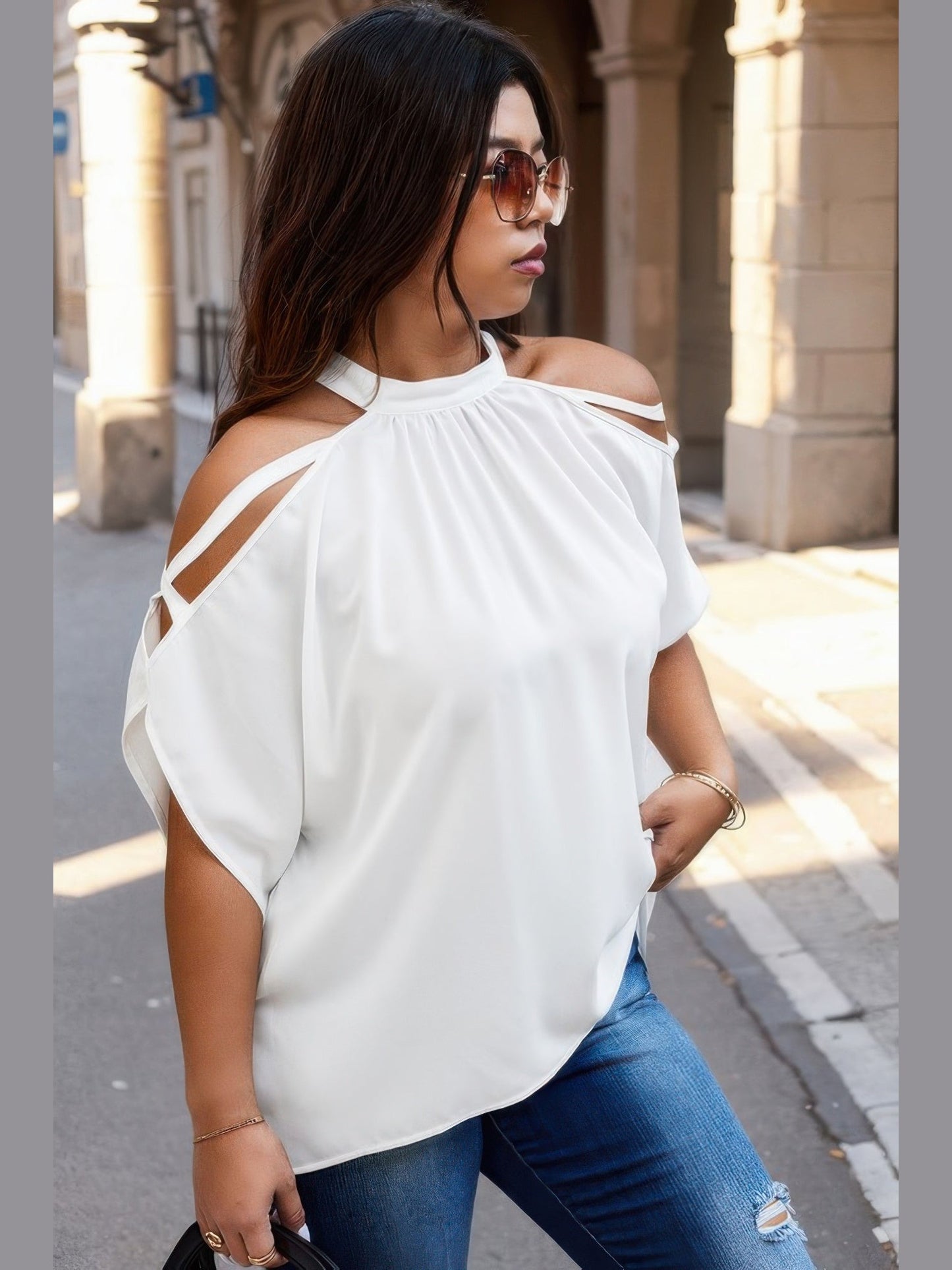 Plus Size Women Halter Open Shoulder Bat Sleeves Loose Top NicholesGifts