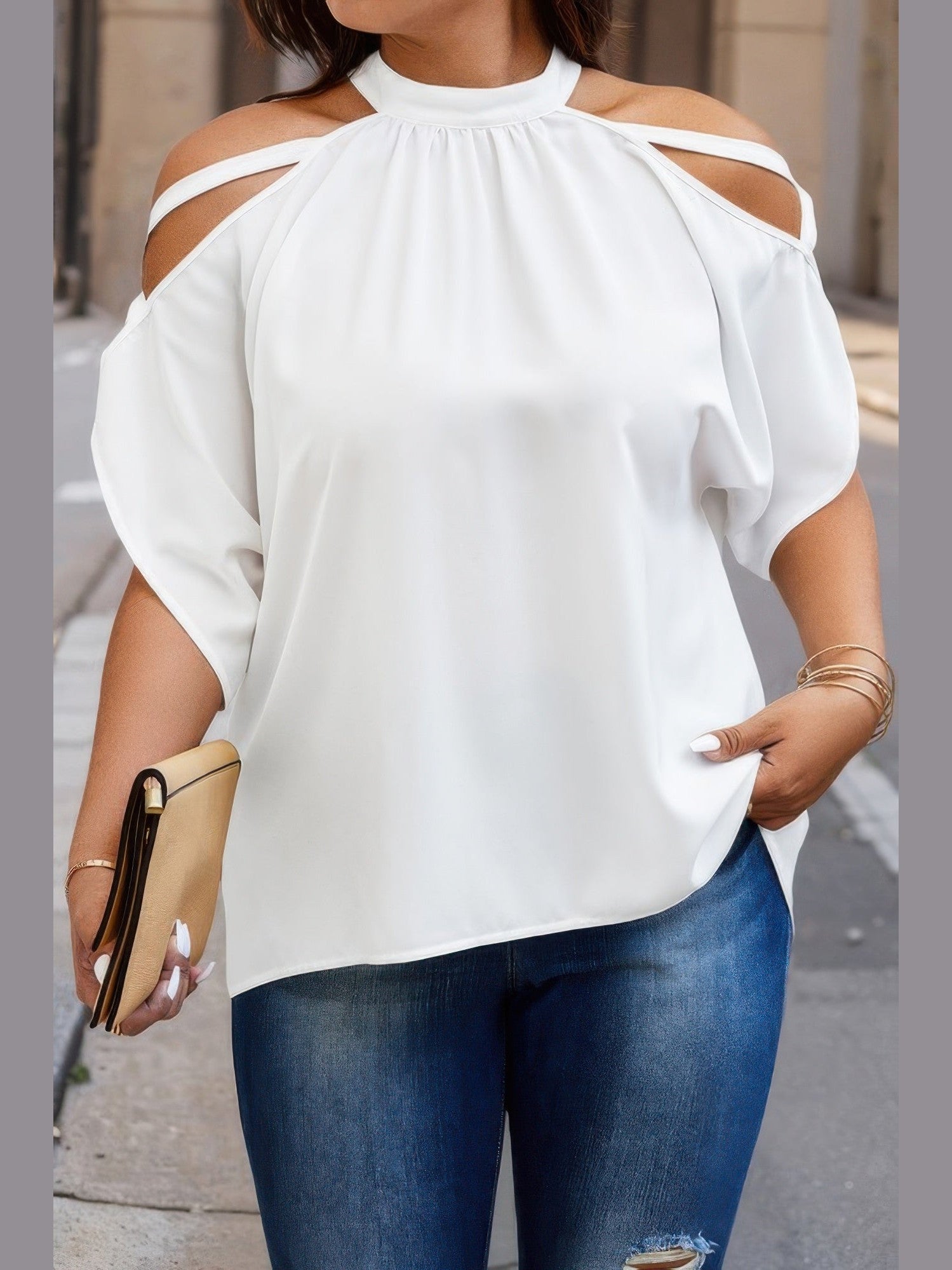 Plus Size Women Halter Open Shoulder Bat Sleeves Loose Top NicholesGifts