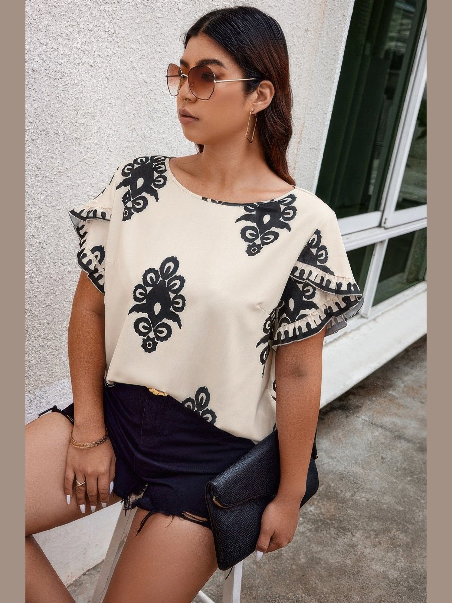 Plus Size Women Printed Ruffle Hem Wide Round Neck Blouse NicholesGifts