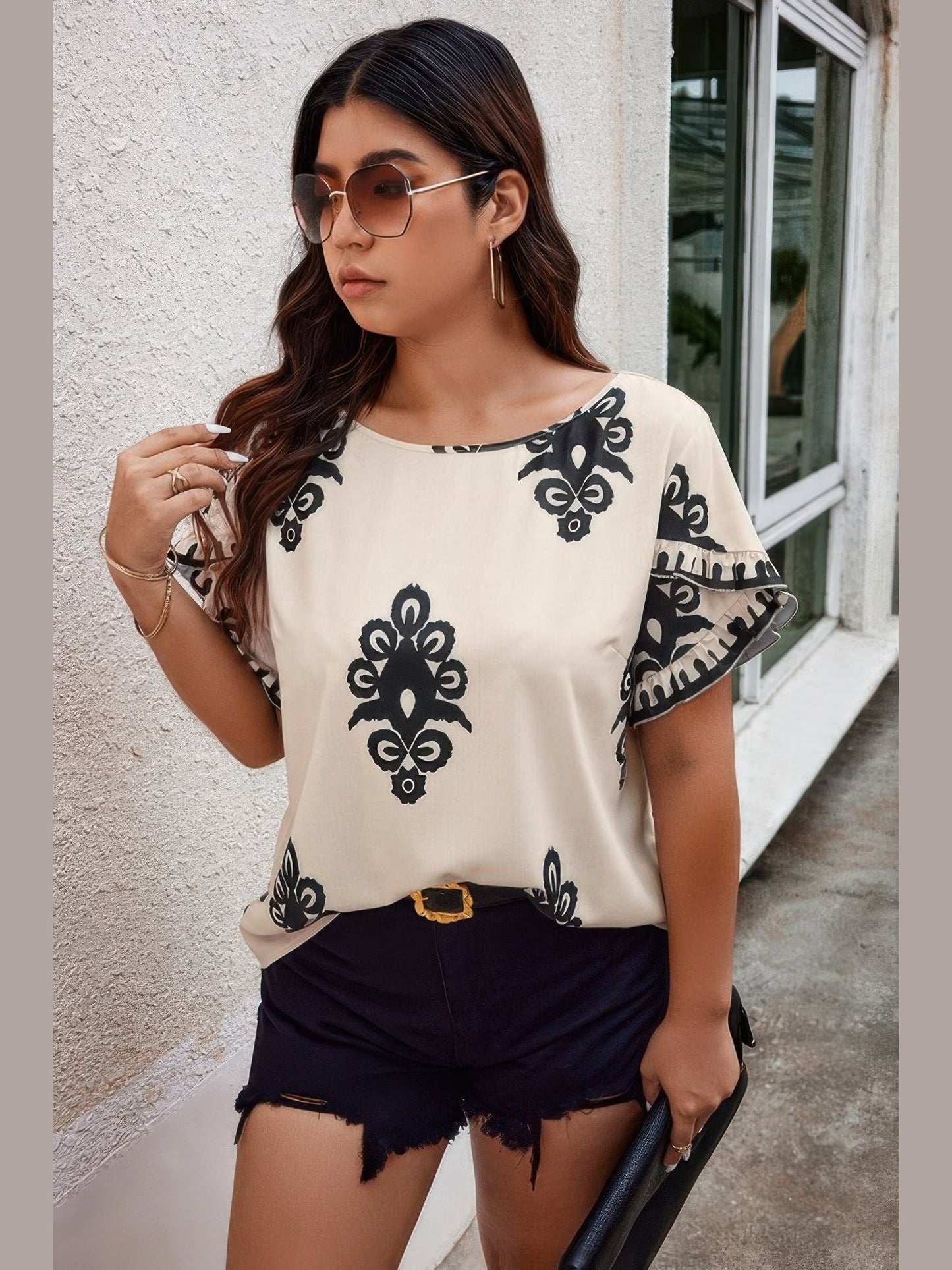 Plus Size Women Printed Ruffle Hem Wide Round Neck Blouse NicholesGifts