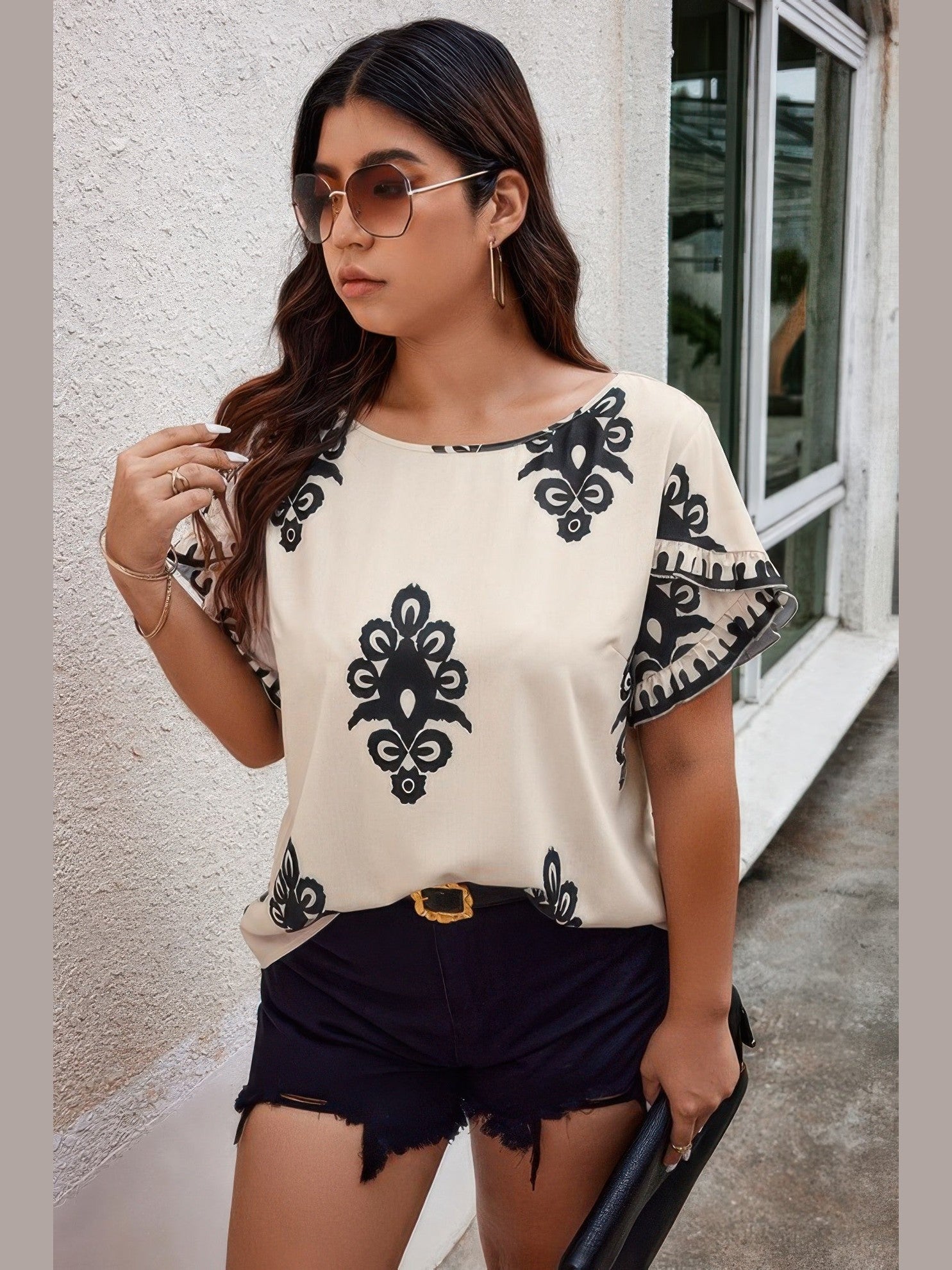 Plus Size Women Printed Ruffle Hem Wide Round Neck Blouse NicholesGifts