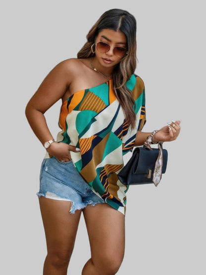 Plus Size Women One Shoulder Asymmetrical Hem Blouse nicholesgifts
