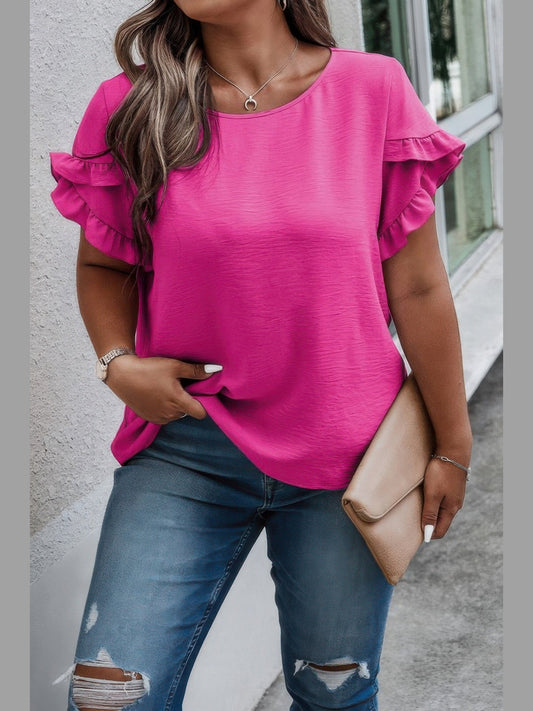 Plus Size Round Neck Ruffle Solid Loose Shirt NicholesGifts