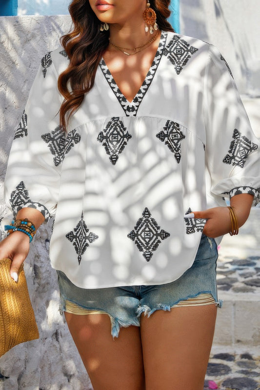 Plus Size Women V Neck Geometric Printed Embroidered Peplum Shirt NicholesGifts