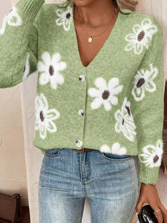 Floral Print Button-Up Knit Cardigan Trendsi