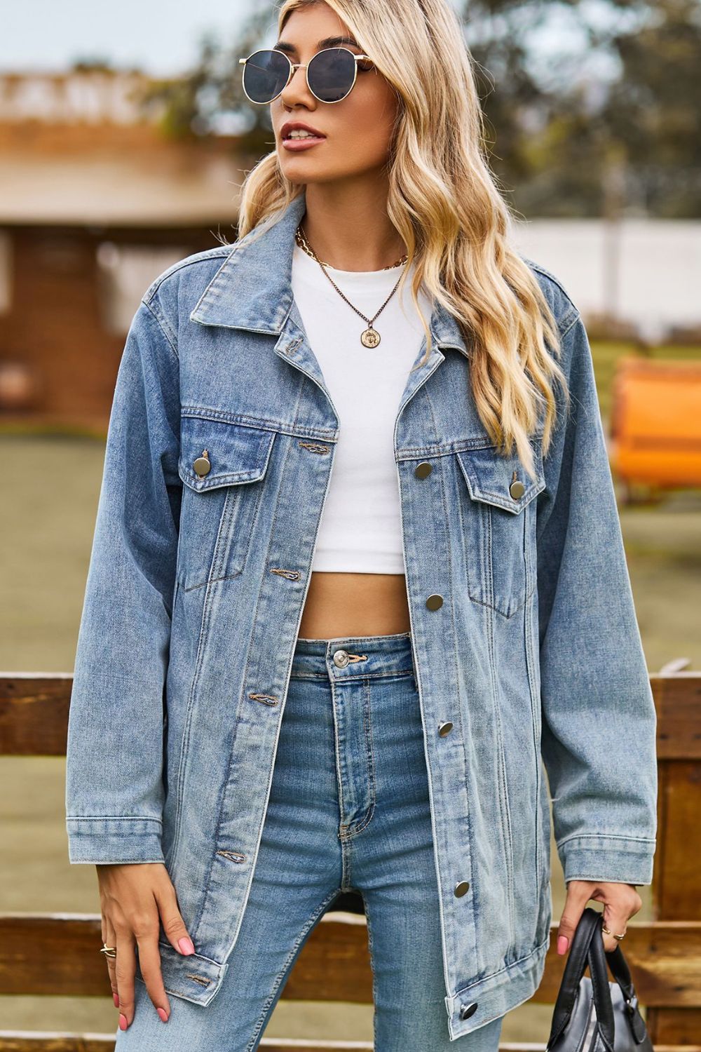 Buttoned Collared Neck Denim Jacket with Pockets Trendsi