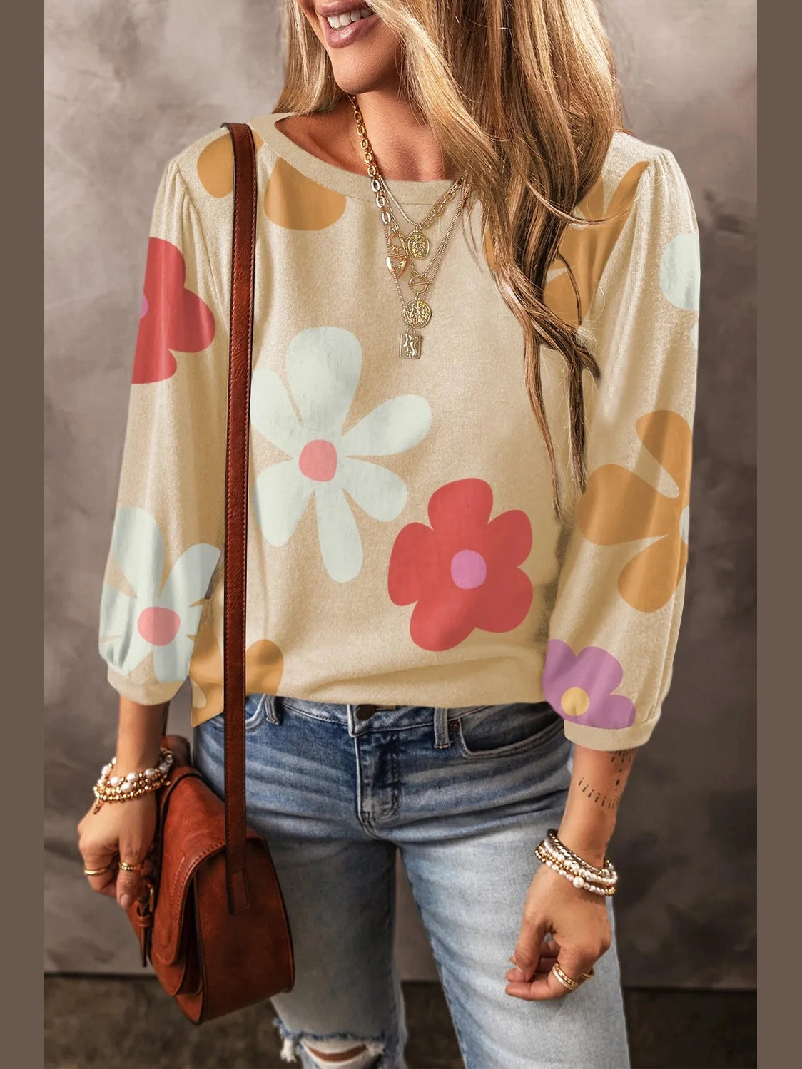 Flower Round Neck Long Sleeve Blouse