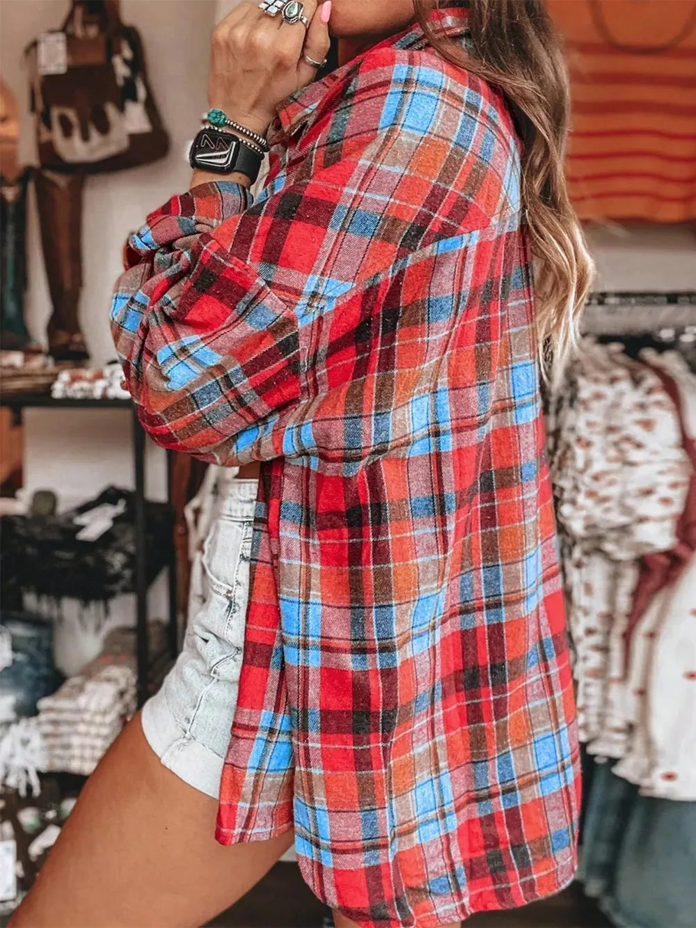 Plaid Collared Neck Long Sleeve Shirt Trendsi