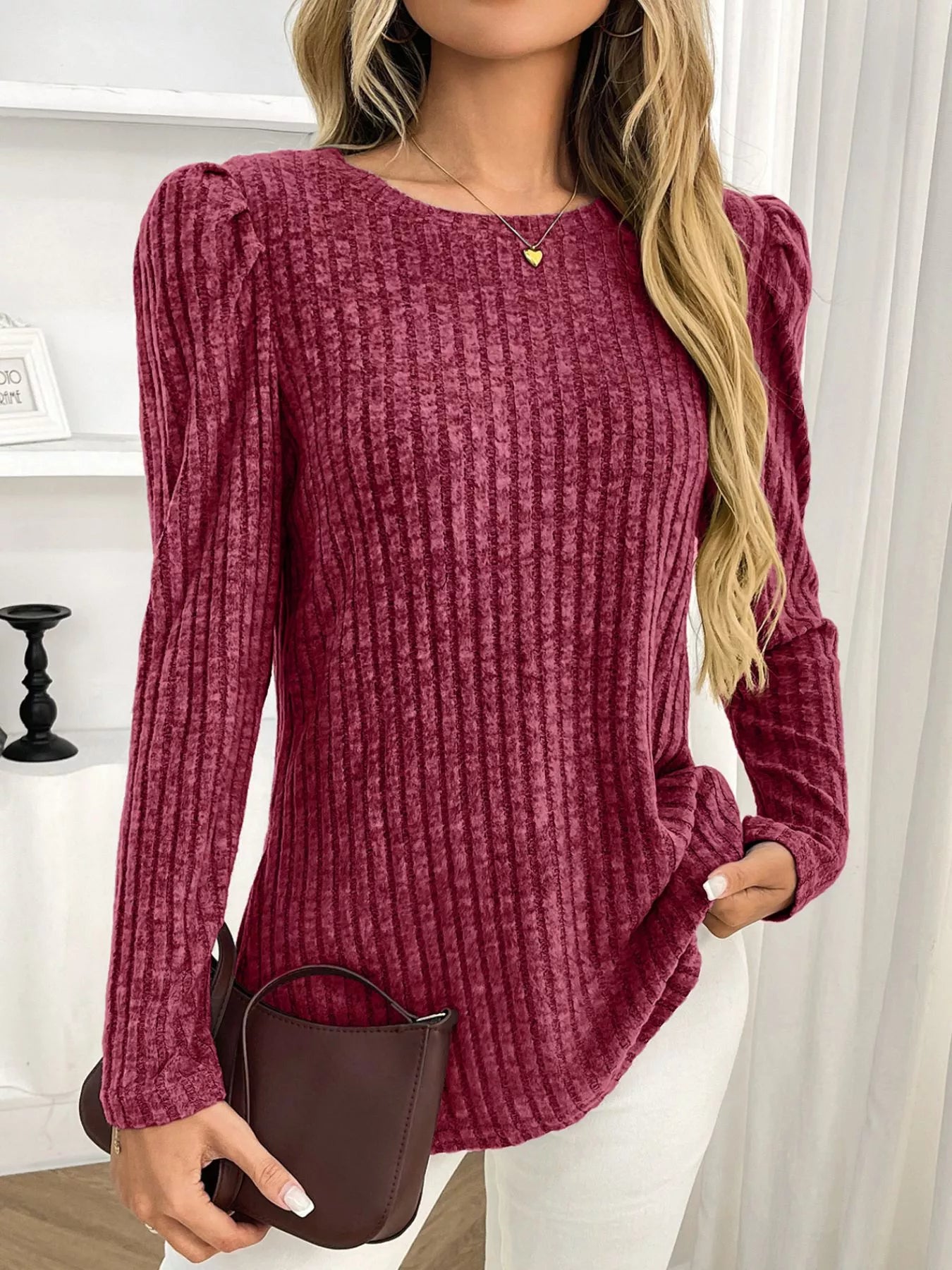 Round Neck Puff Sleeve T-Shirt Trendsi