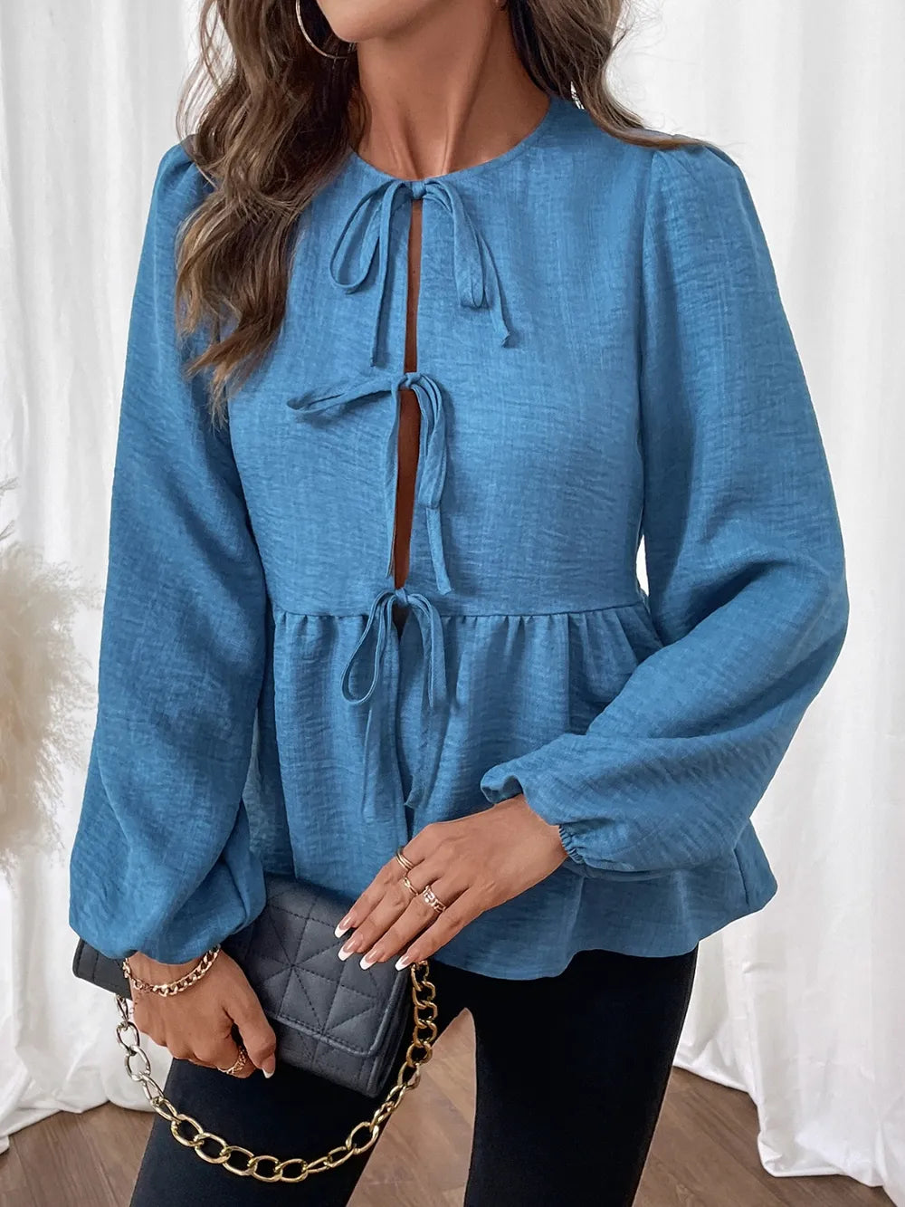Peplum Tie Neck Balloon Sleeve Blouse NicholesGifts