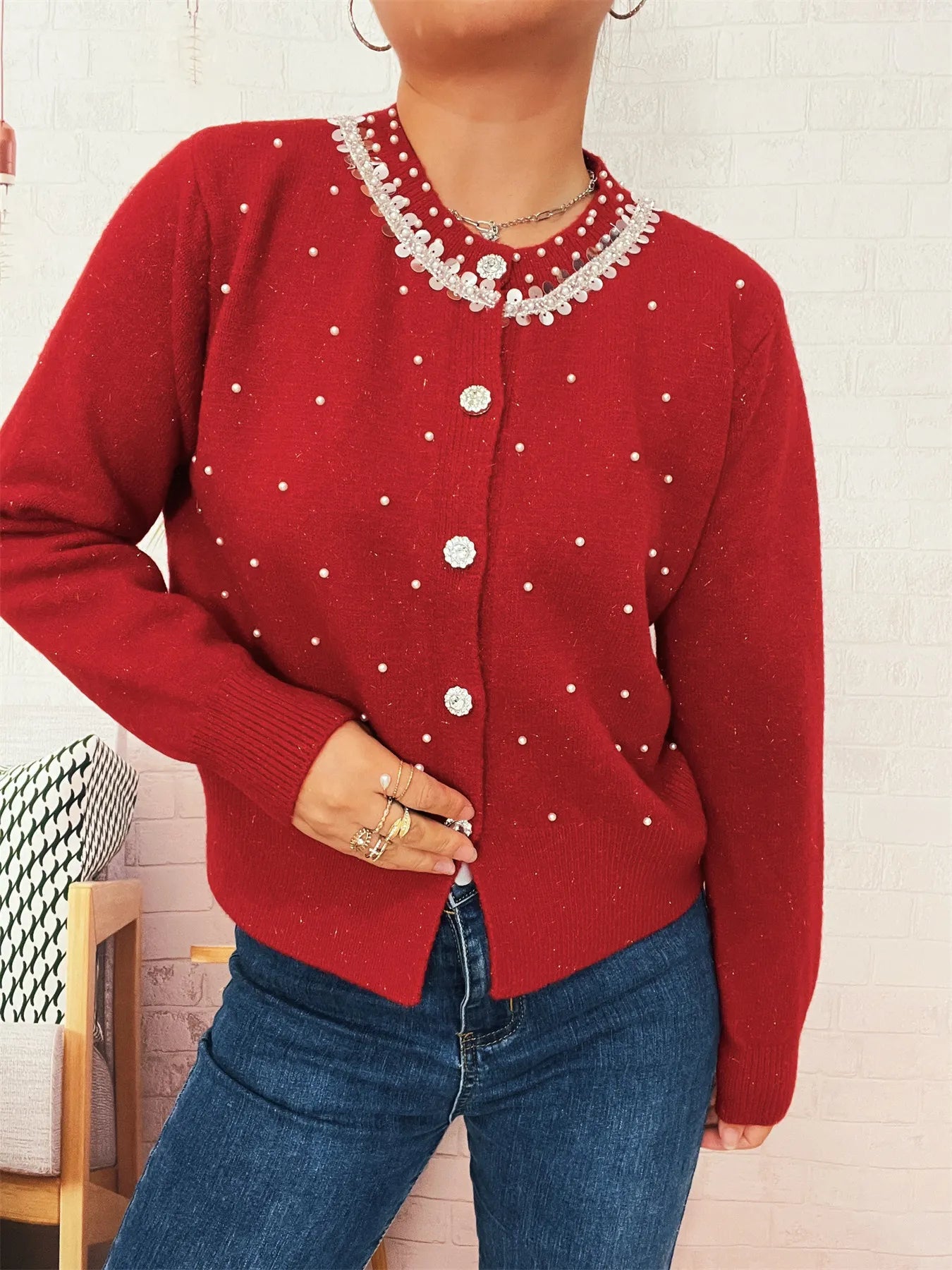 Pearl Detail Button-Front Cardigan NicholesGifts