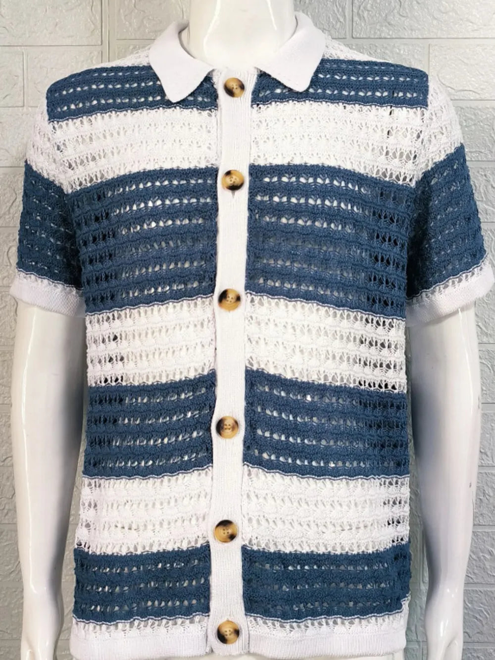 Men's Button Down Collared Neck Contrast Openwork Shirt NicholesGifts