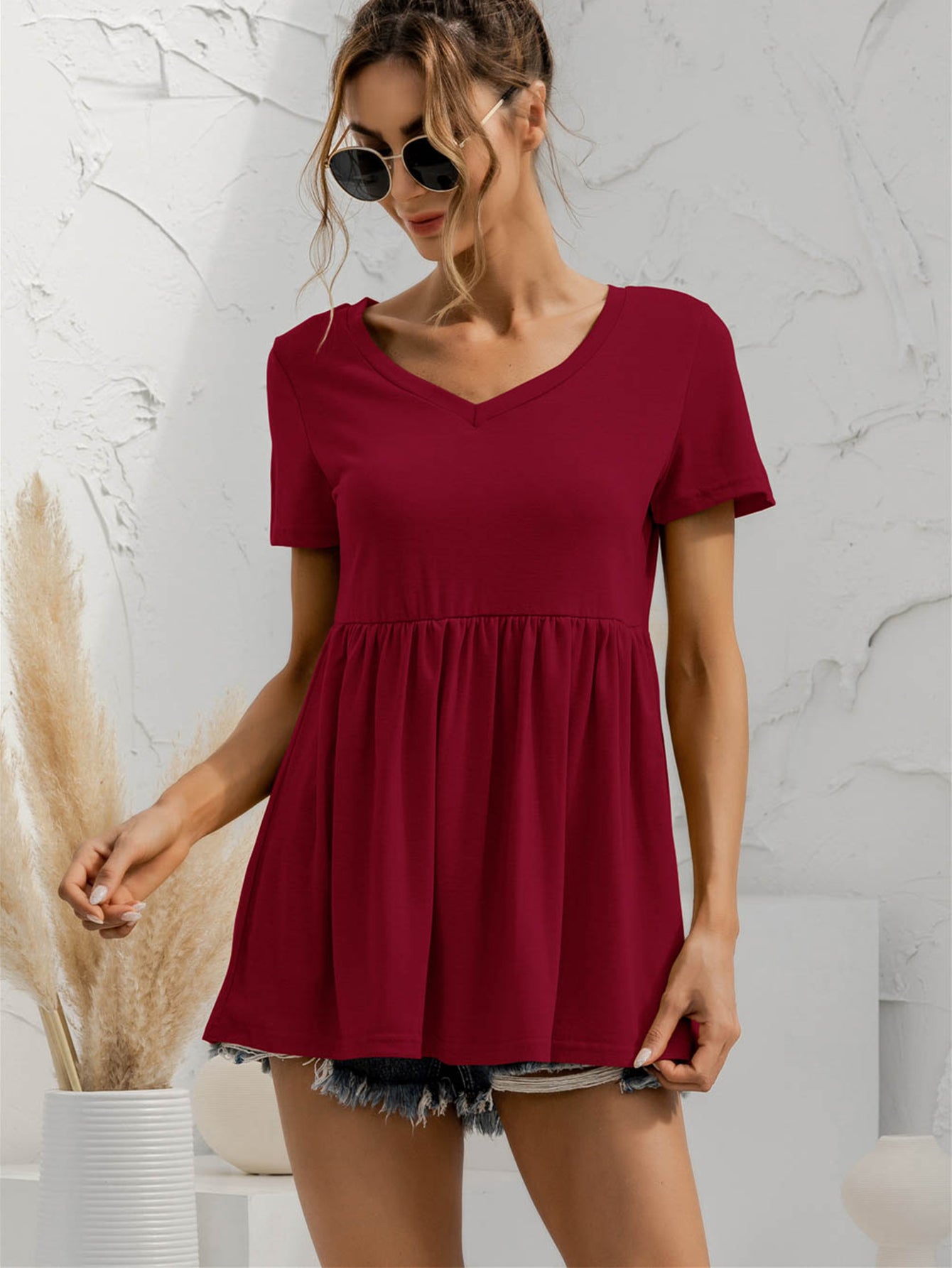 V-Neck Short Sleeve Babydoll Top NicholesGifts