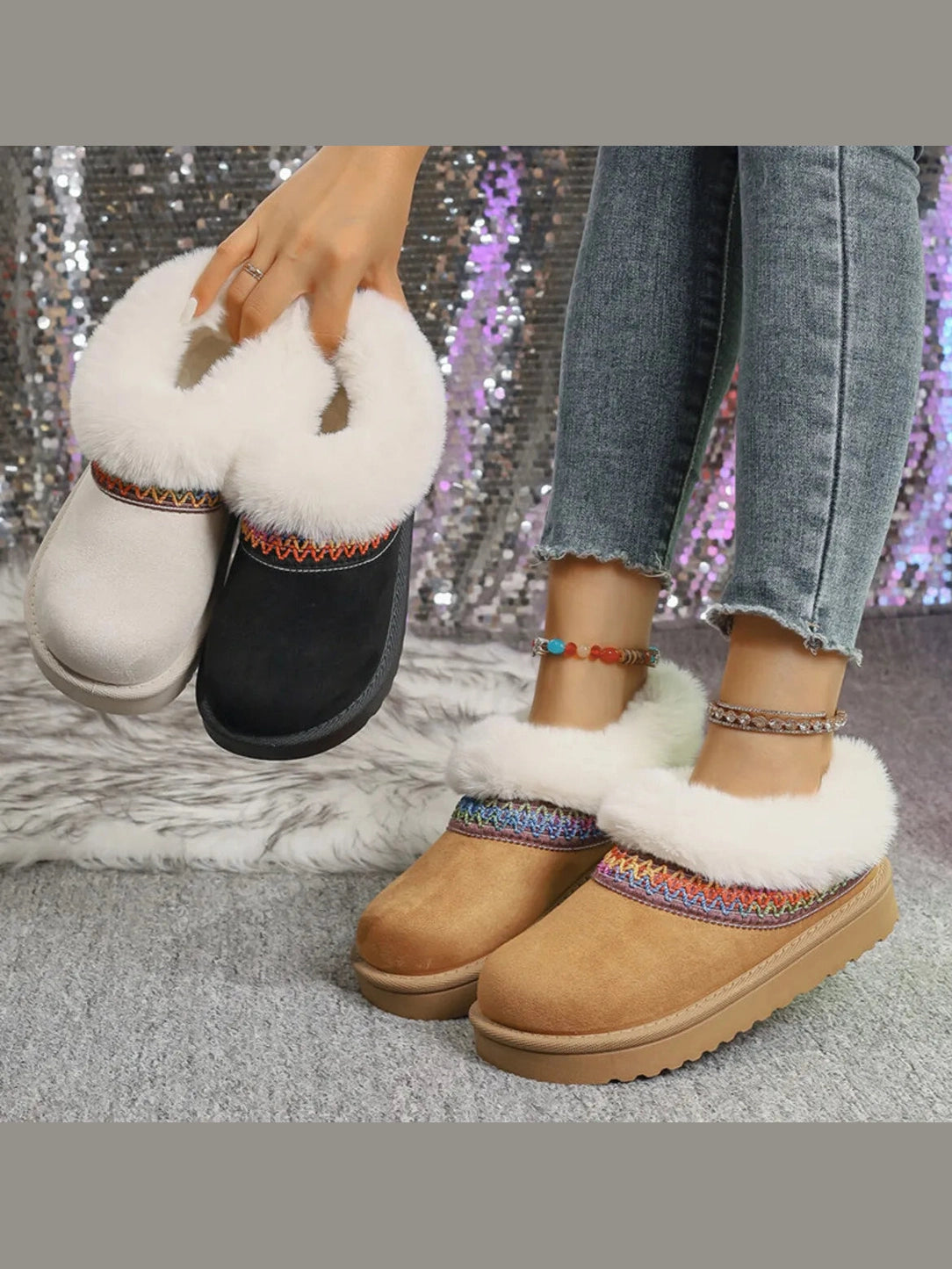 Fur-Lined Platform Boots with Decorative Woven Strap Trendsi